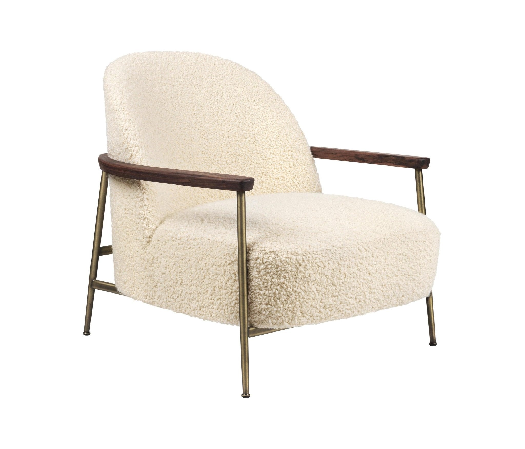 Cream boucle upholstered accent chair with rounded back, low-profile seat, dark wooden armrests and slender brass-finish metal legs in a modern minimalist silhouette.
