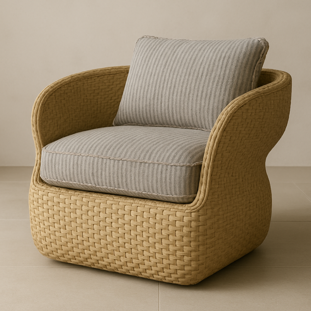 Natural woven all-weather rattan accent chair with sculpted rounded arms, a thick taupe-grey ribbed seat cushion and matching back pillow on a neutral tile floor.
