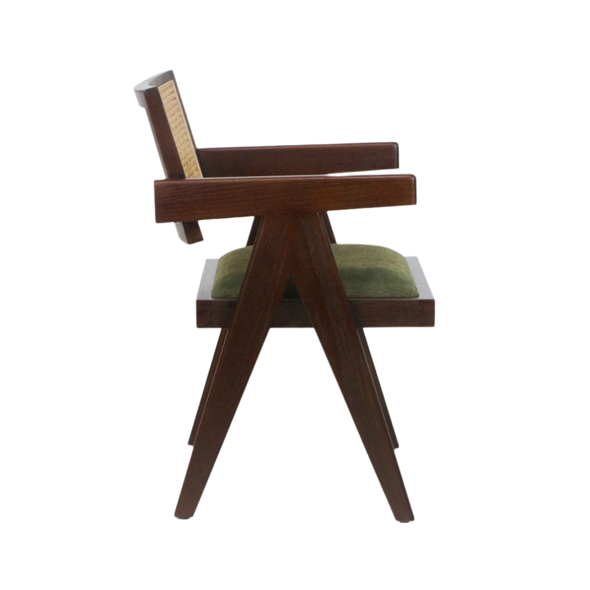 Side profile of a mid-century modern dining chair with dark natural wood A-frame legs, cane backrest, wooden arms and an olive-green upholstered seat cushion on a white background.