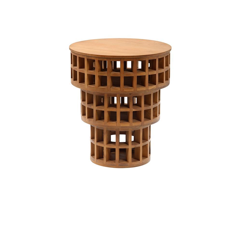 Round mid-century modern side table in solid teak with three stacked cylindrical lattice tiers and a smooth round top, showcasing a natural teak finish and open grid shelving.