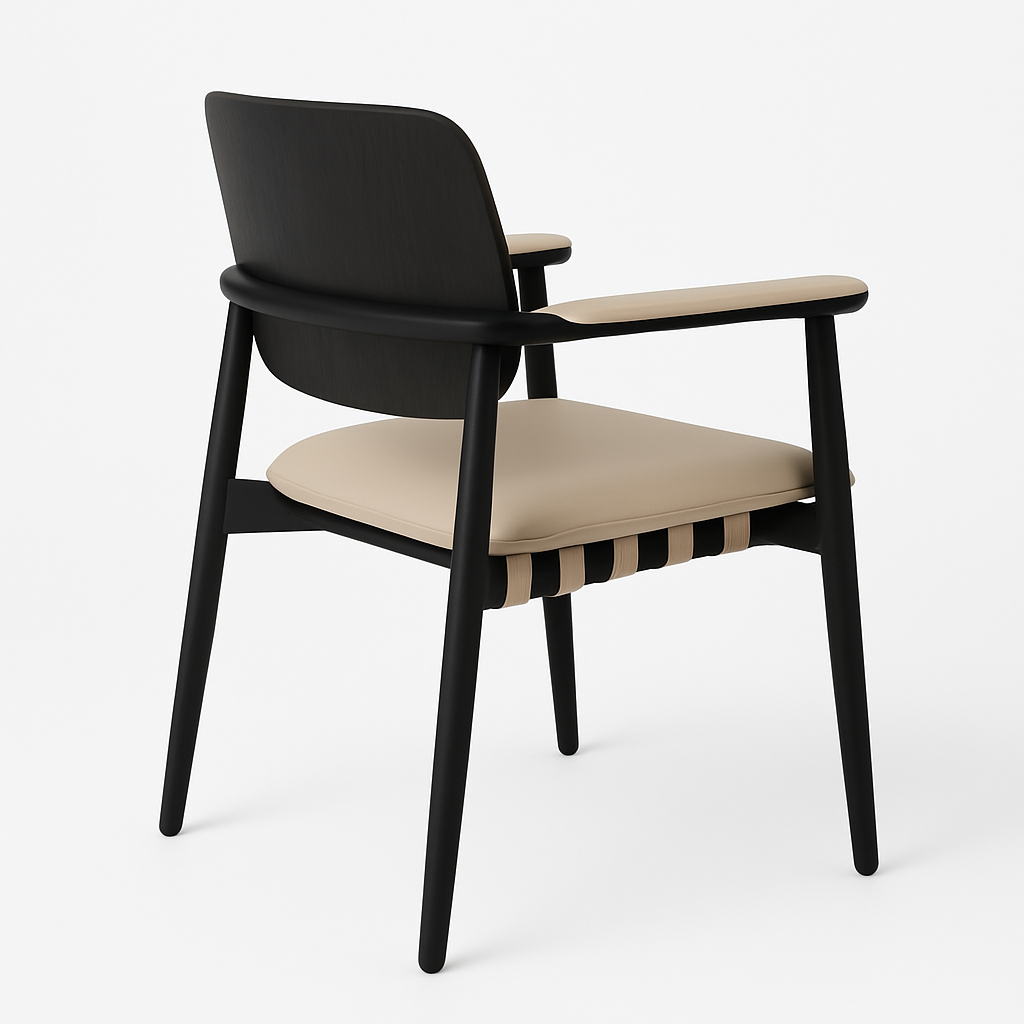 Rear three-quarter view of a modern dining chair with an inked oak black wood frame, beige leather seat and arm pads, curved oak backrest, tapered legs and woven beige webbing under the cushion.