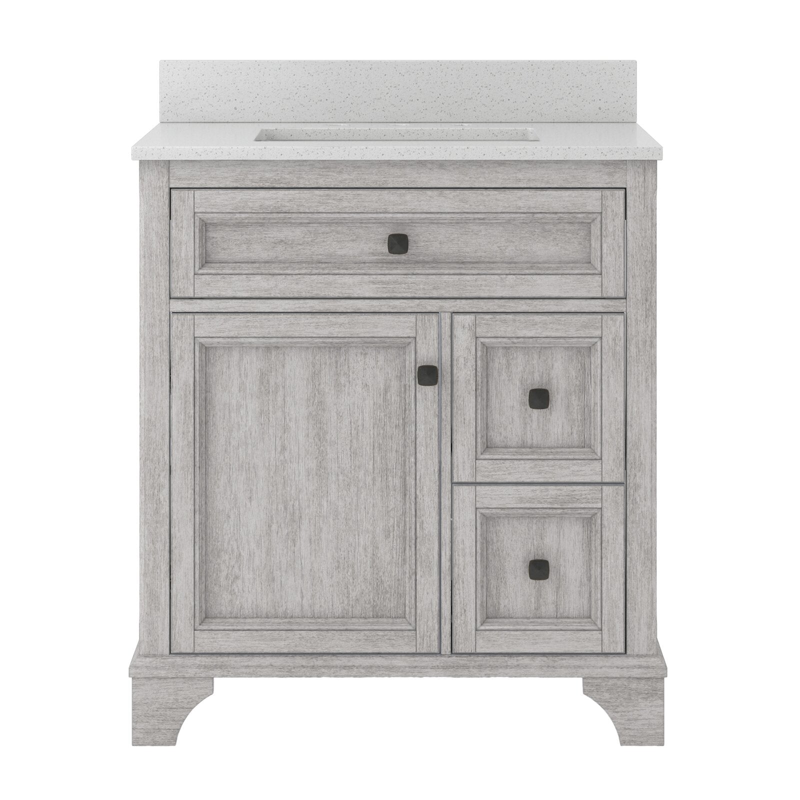 Front view of a modern solid wood bathroom vanity in a whitewashed finish with a white quartz countertop and integrated rectangular sink, one cabinet door and two drawers with dark square knobs.