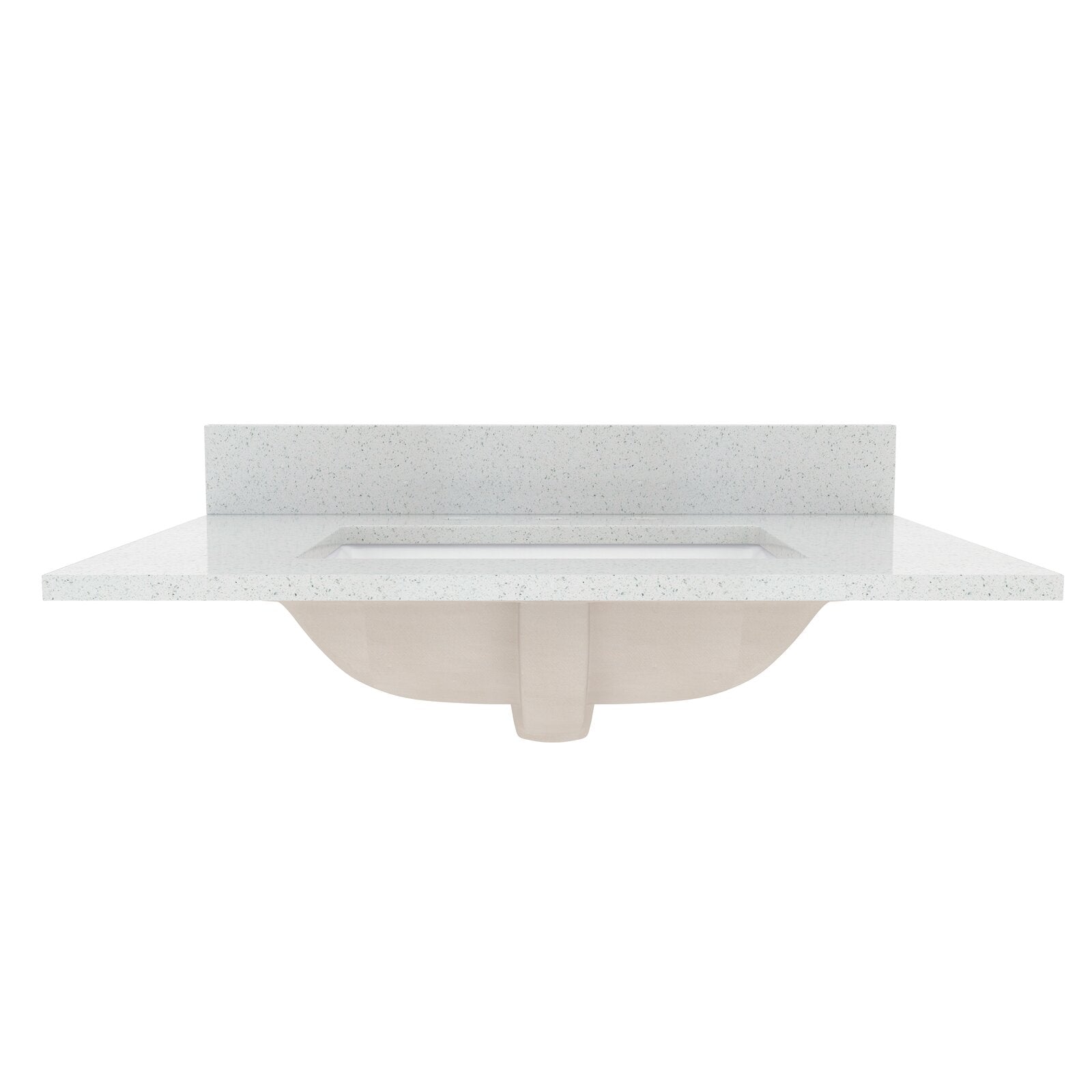 Front view of a white speckled quartz vanity top with a rectangular integrated sink and matching low backsplash, showing the light beige undermount basin in a modern single-sink bathroom vanity.