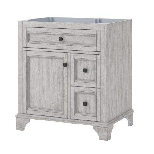 White solid wood 31-inch single-sink bathroom vanity with a quartz top cutout, one full-width top drawer, a left cabinet door, two stacked right drawers, dark square knobs and short bracket feet in a modern style.