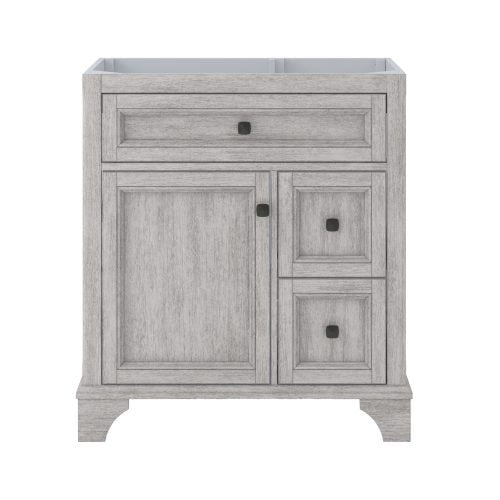 White solid wood 31-inch bathroom vanity with an open top for a single sink, one large recessed-panel door, two stacked right drawers, full-width top drawer, black square knobs and bracket-style feet.