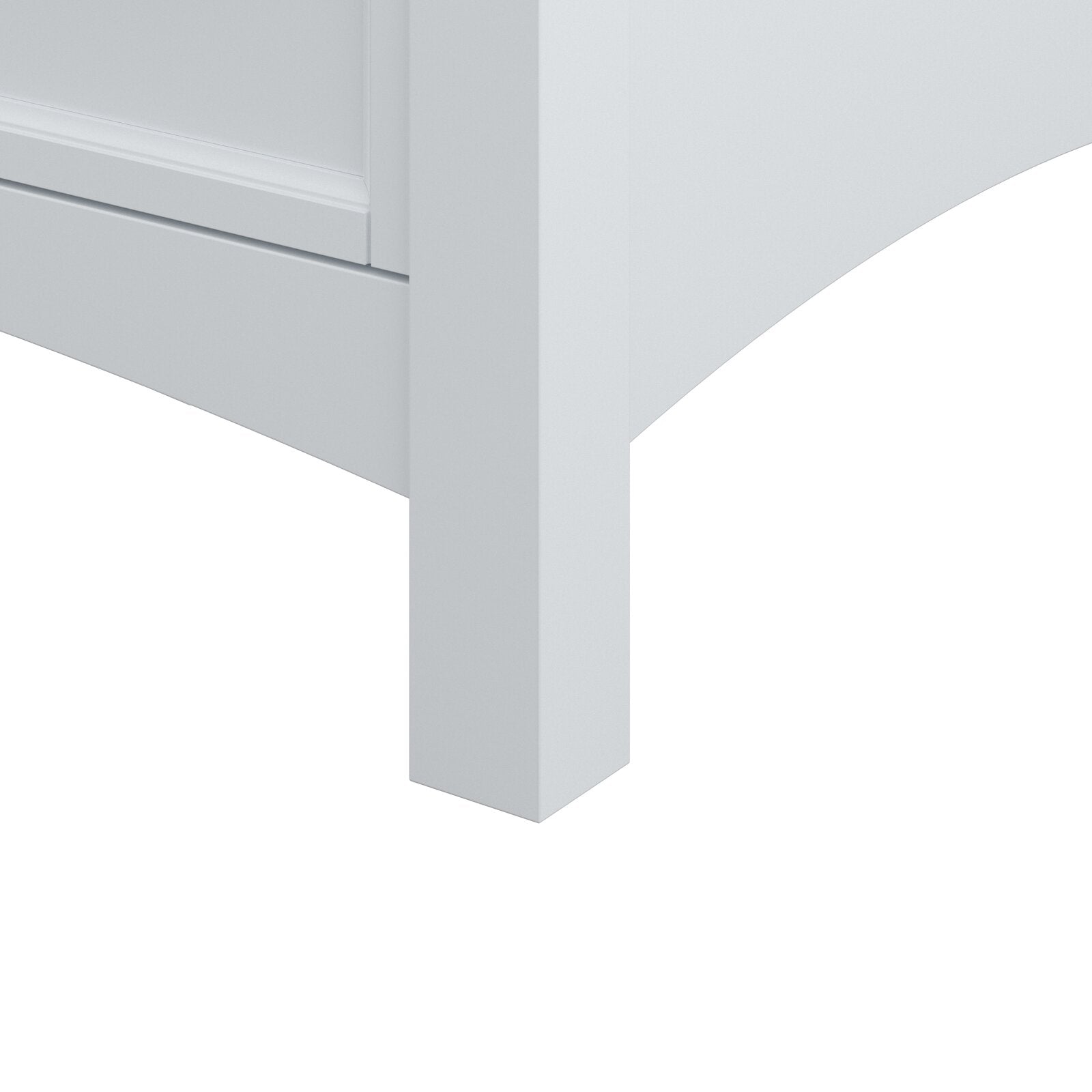 Close-up of a white solid wood bathroom vanity corner showing a square leg and curved apron detail on a modern, contemporary single-sink vanity.