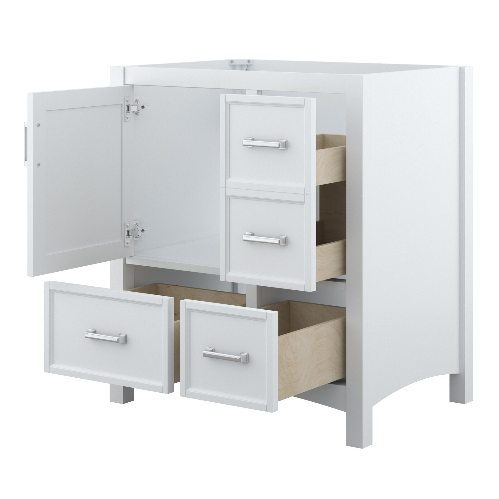 Modern white solid-wood 31-inch bathroom vanity shown freestanding with left cabinet door open and four drawers pulled out, revealing light natural wood interiors and brushed chrome rectangular handles.