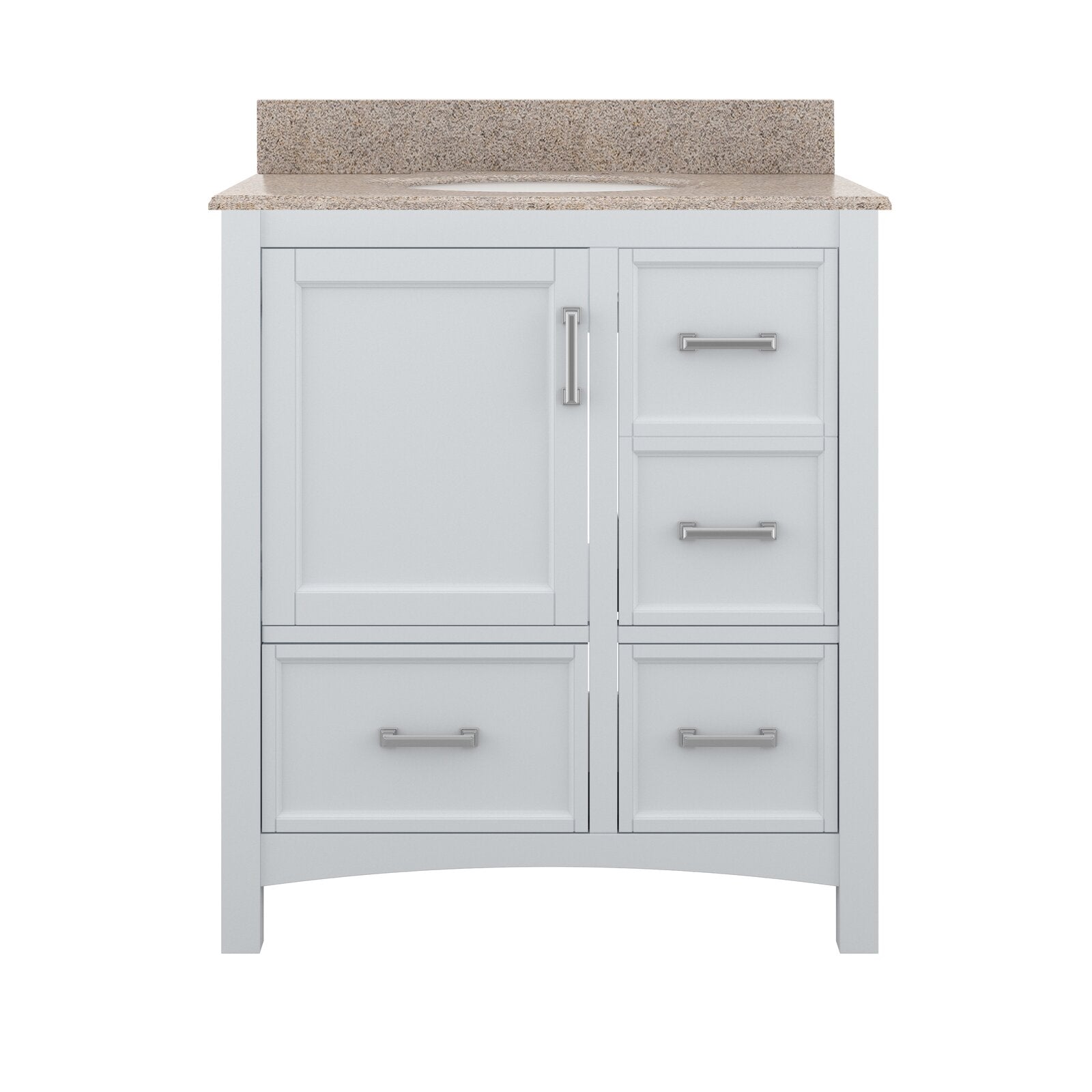 Front view of a 31-inch white solid wood freestanding bathroom vanity with a beige stone top and integrated single ceramic sink, one shaker-style cupboard door and three drawers with modern metal bar handles.