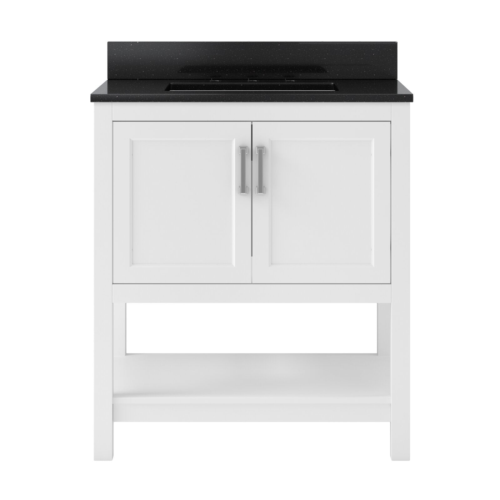 31-inch modern white solid wood bathroom vanity with two recessed-panel doors, chrome bar pulls, open lower shelf and a black speckled quartz countertop with integrated rectangular sink and matching backsplash.