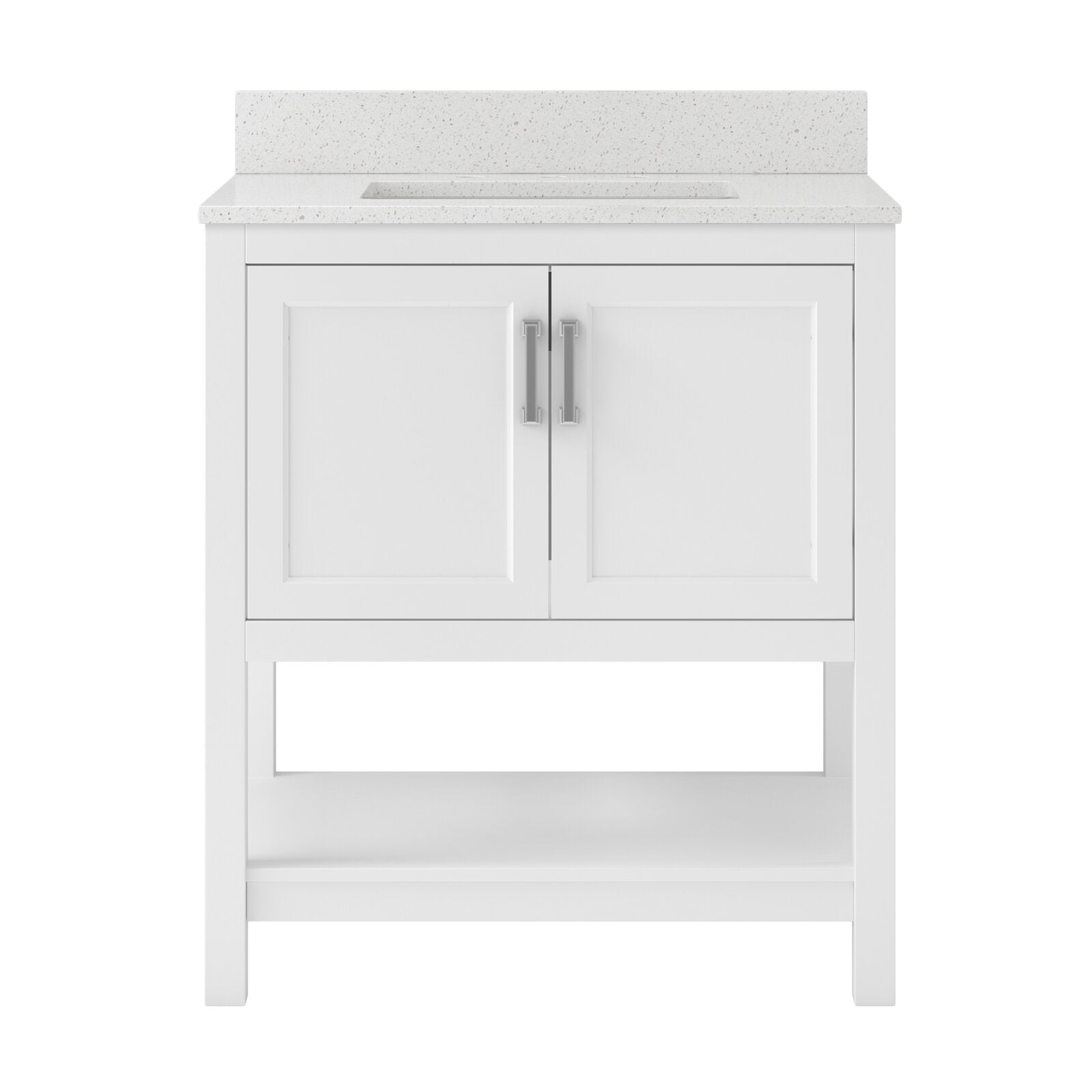 Front view of a modern solid wood freestanding bathroom vanity with a stone-speckled countertop and integrated rectangular sink, two shaker-style doors with metal handles and an open lower shelf.