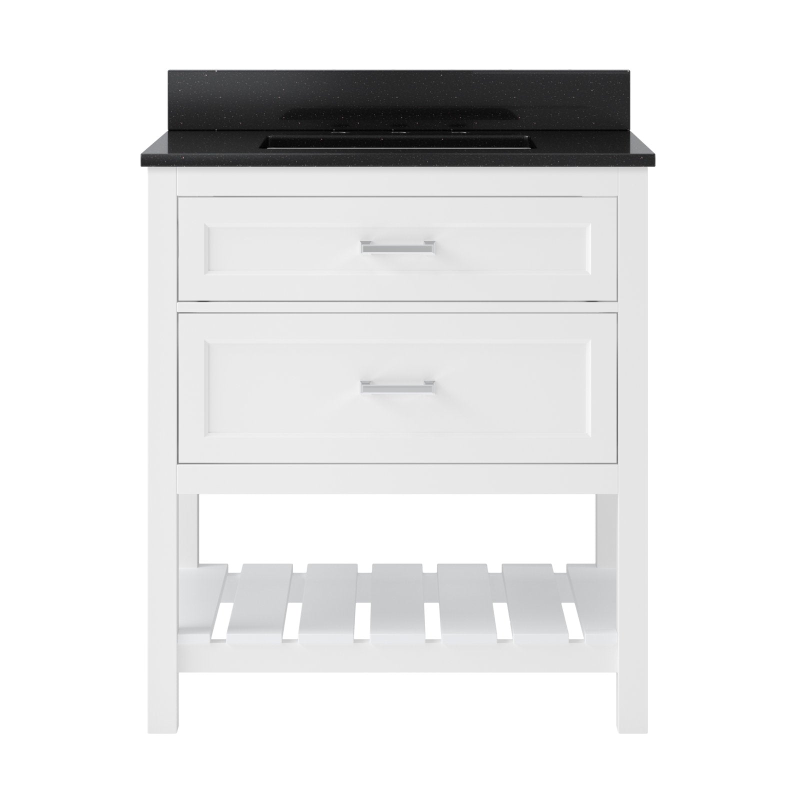 31-inch freestanding white solid wood single-sink bathroom vanity with two drawers and chrome pulls, black speckled quartz countertop and backsplash, open slatted lower shelf in a modern style.