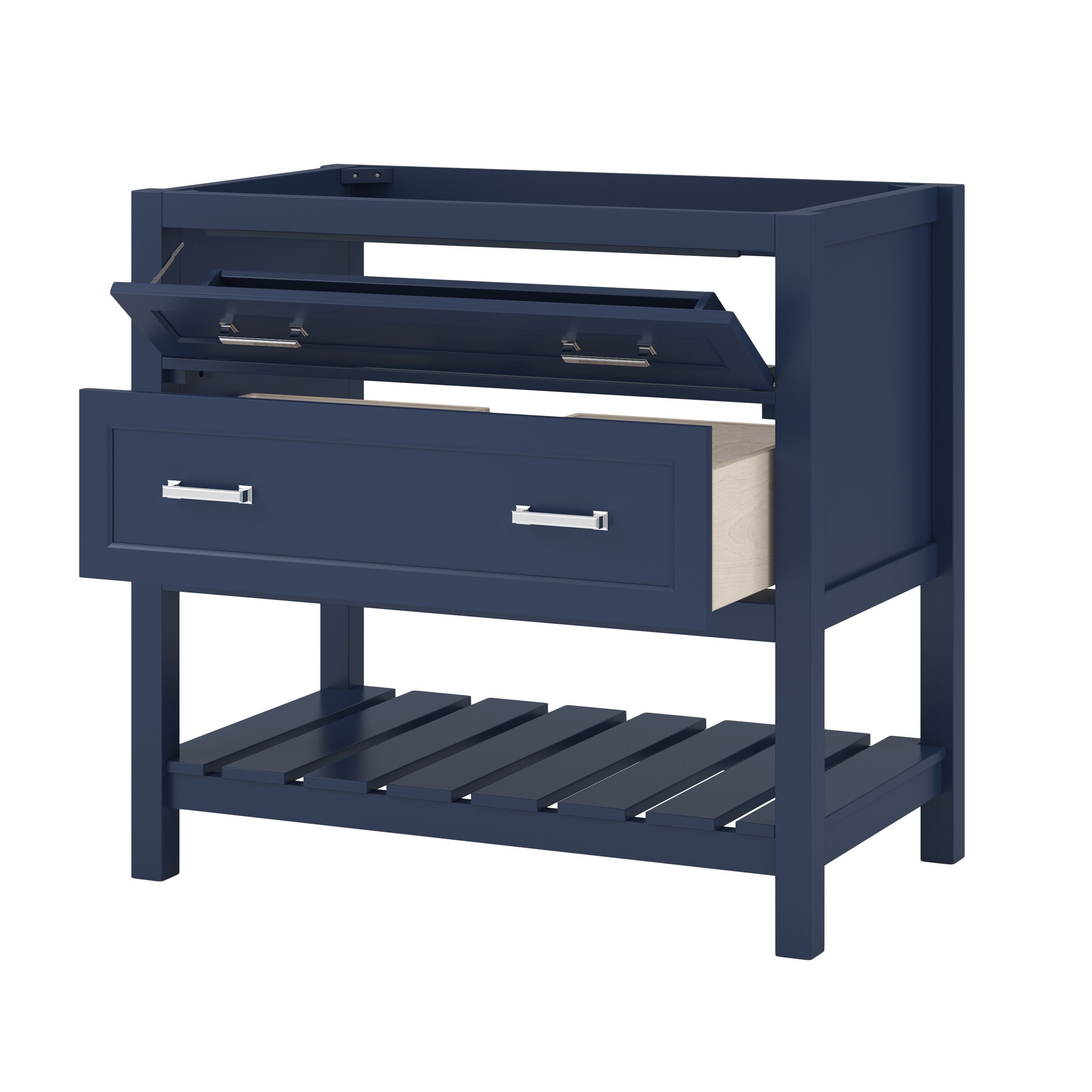 Aegean blue solid wood 37-inch single-sink vanity base with an upper flip-front compartment, one large drawer, chrome bar handles and a slatted open shelf, shown freestanding without the marble top.
