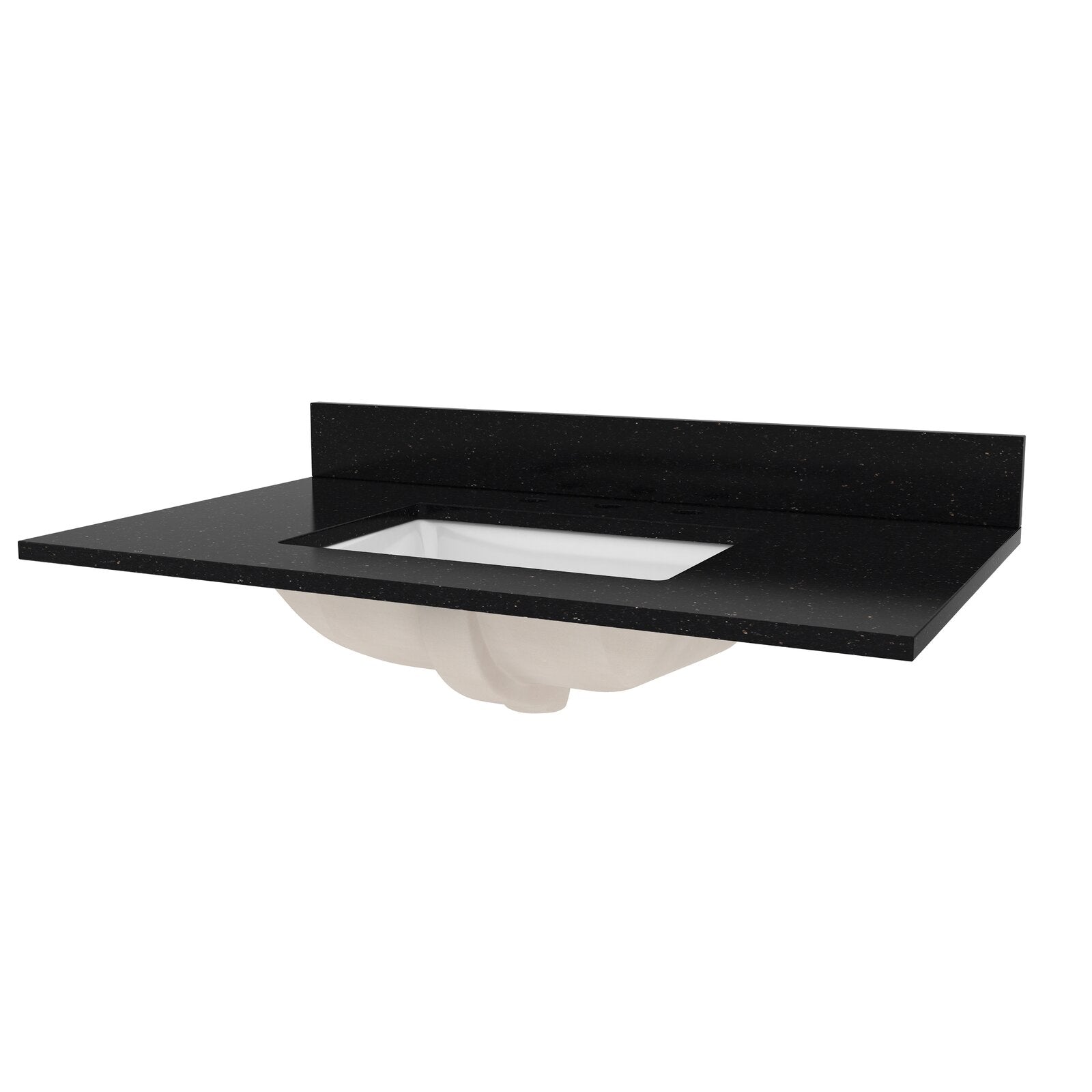 Black marble vanity top with matching low backsplash and a rectangular white ceramic undermount sink, shown isolated on a white background in a contemporary glam style.