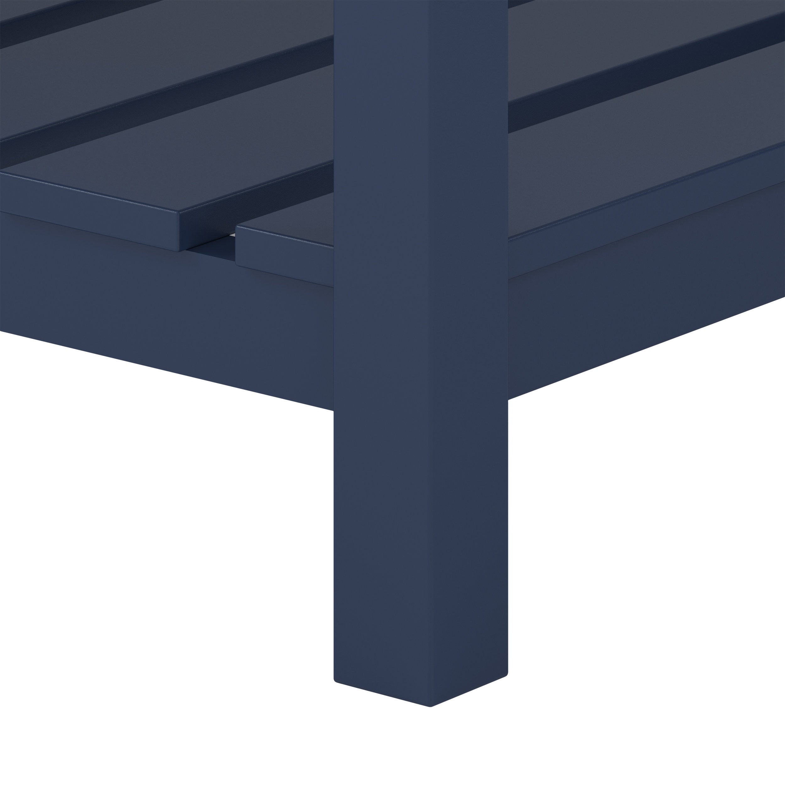 Close-up of a deep blue painted solid wood vanity leg and adjacent slatted lower shelf, showing the square post profile and clean-edge slats on a contemporary freestanding base.