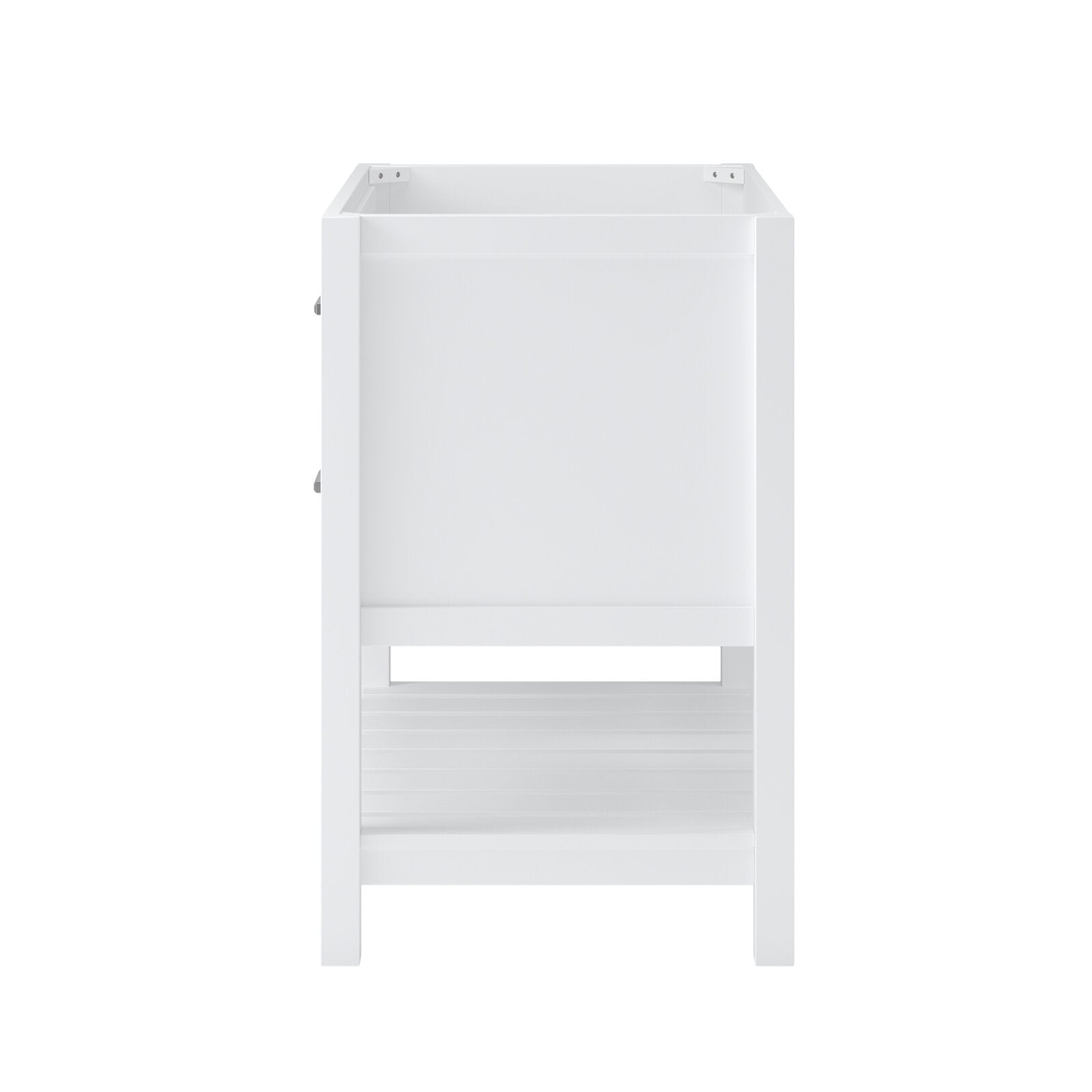 Front view of a freestanding white solid-wood single-sink vanity base with an open slatted bottom shelf and recessed sink cavity, shown without top and designed to pair with a black marble countertop in a contemporary glam style.