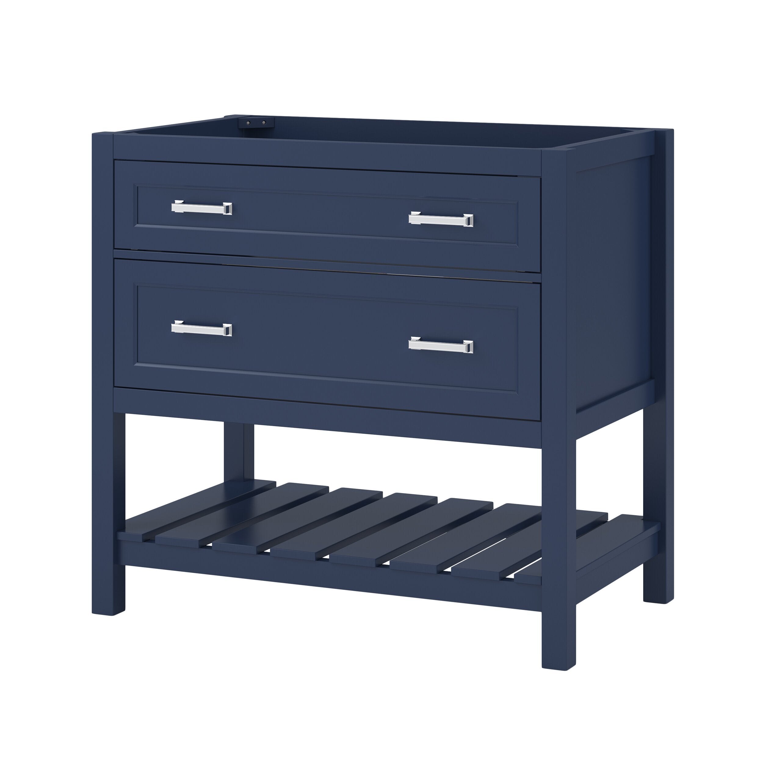 Navy solid wood freestanding bathroom vanity with two drawers, chrome bar handles and a slatted lower shelf; shown without a countertop or sink.