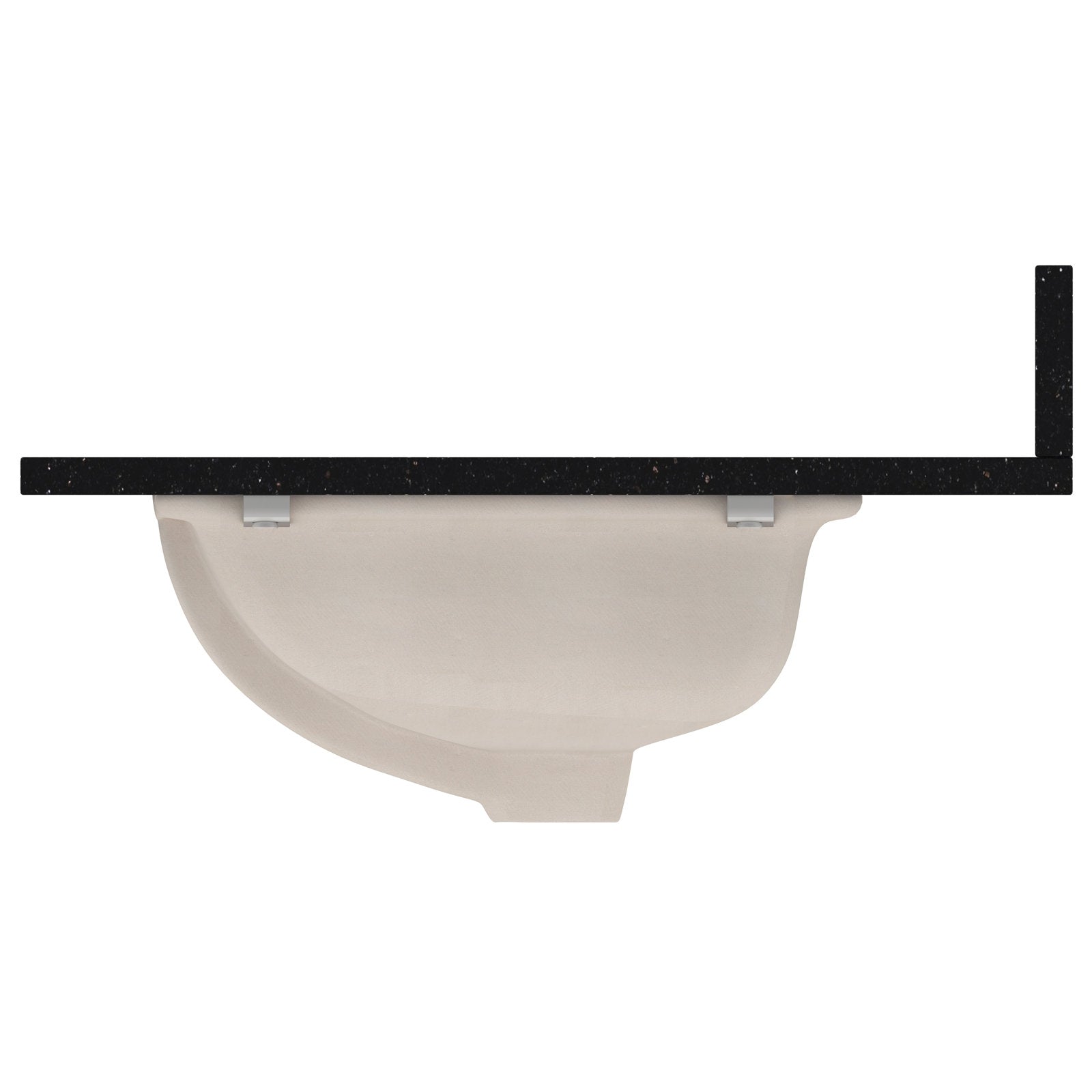 Underside view of a beige ceramic undermount sink secured to a black marble vanity top with visible metal mounting clips and a short matching black marble backsplash.