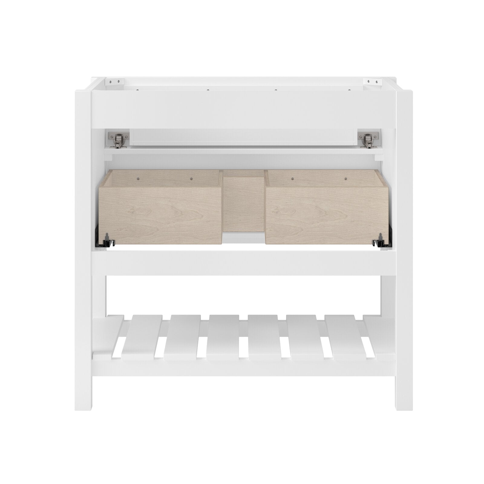 White solid-wood freestanding bathroom vanity base with a slatted lower shelf and two light natural wood drawer boxes on metal soft-close slides, shown without countertop or sink.