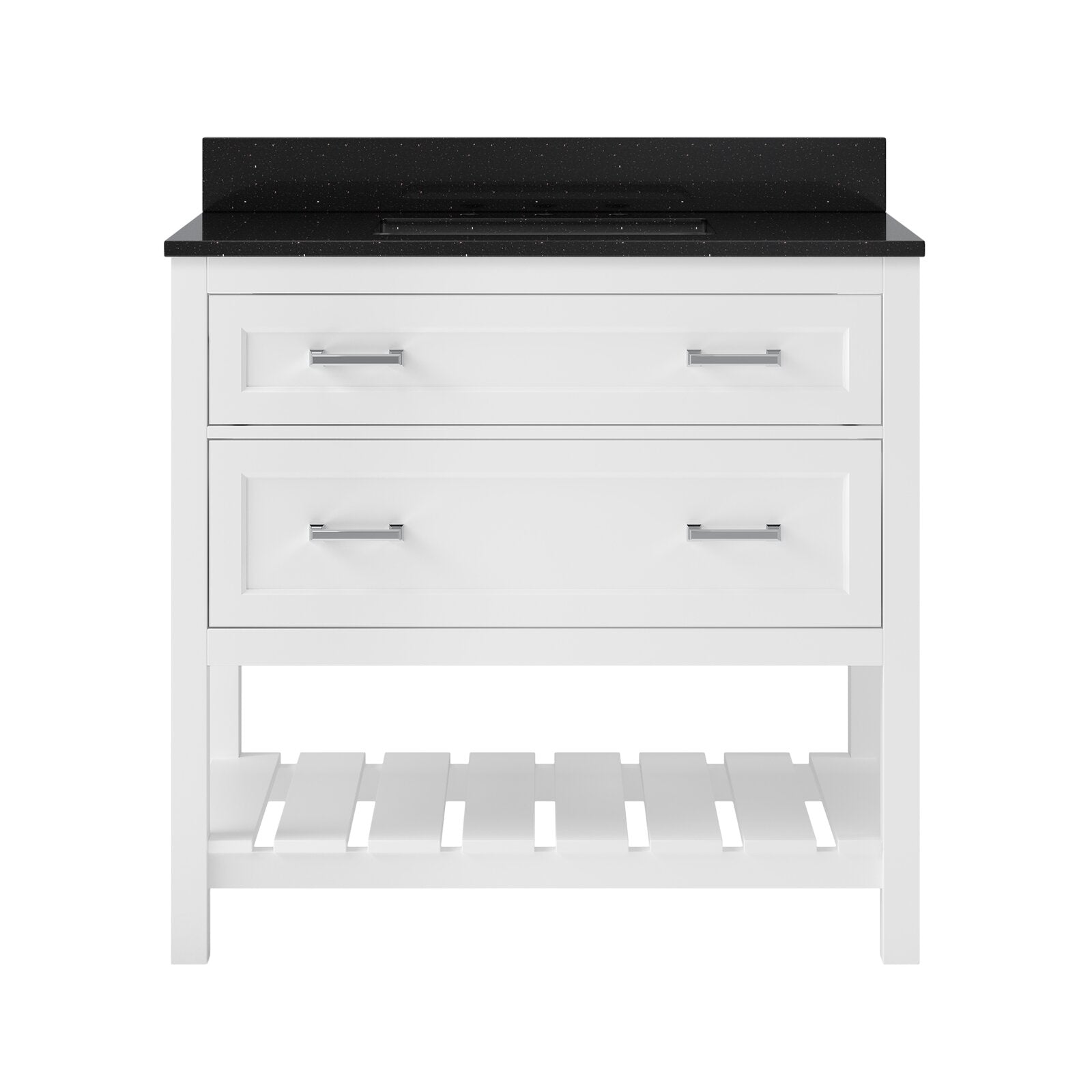 Freestanding white solid-wood bathroom vanity with a black marble countertop, two wide drawers with chrome bar pulls and an open slatted lower shelf, contemporary glam single-sink styling.