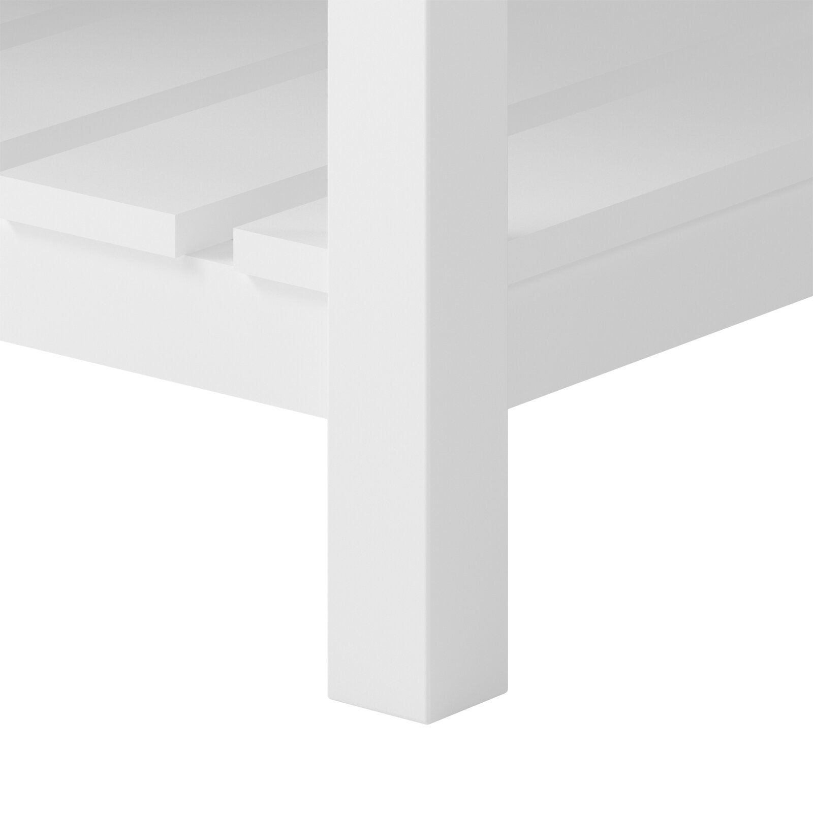 Close-up of a white solid wood vanity leg and slatted lower shelf, highlighting the square post, painted finish and shelf slats for a glam bathroom vanity.