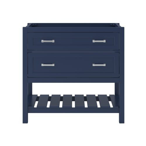 Freestanding navy solid wood 37-inch single-sink bathroom vanity with two soft-close drawers, rectangular chrome bar handles, and a slatted open bottom shelf.