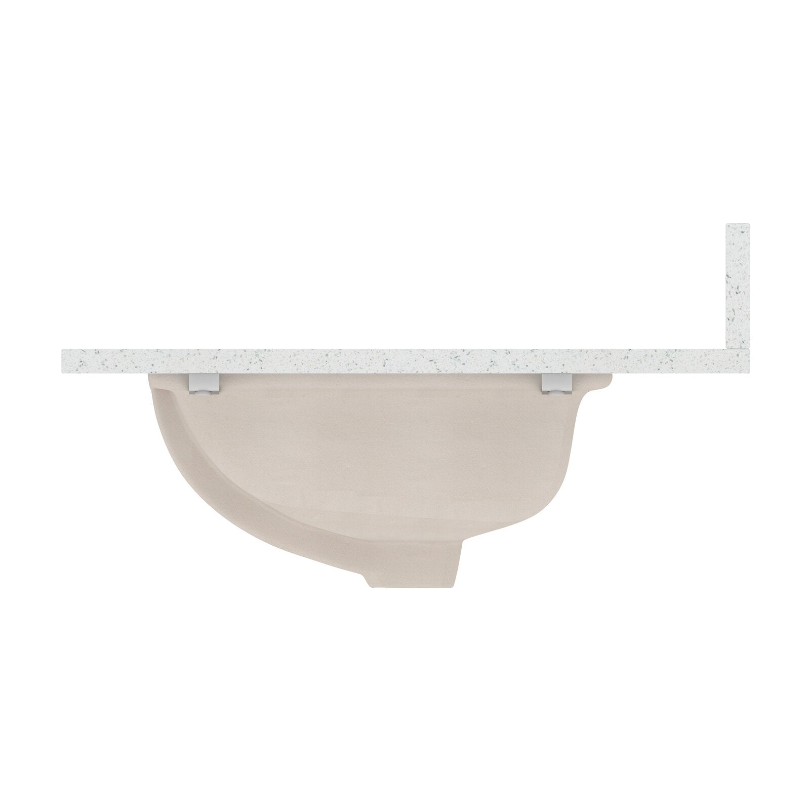 Underside view of a white marble countertop showing a cream ceramic undermount sink secured by two mounting clips.
