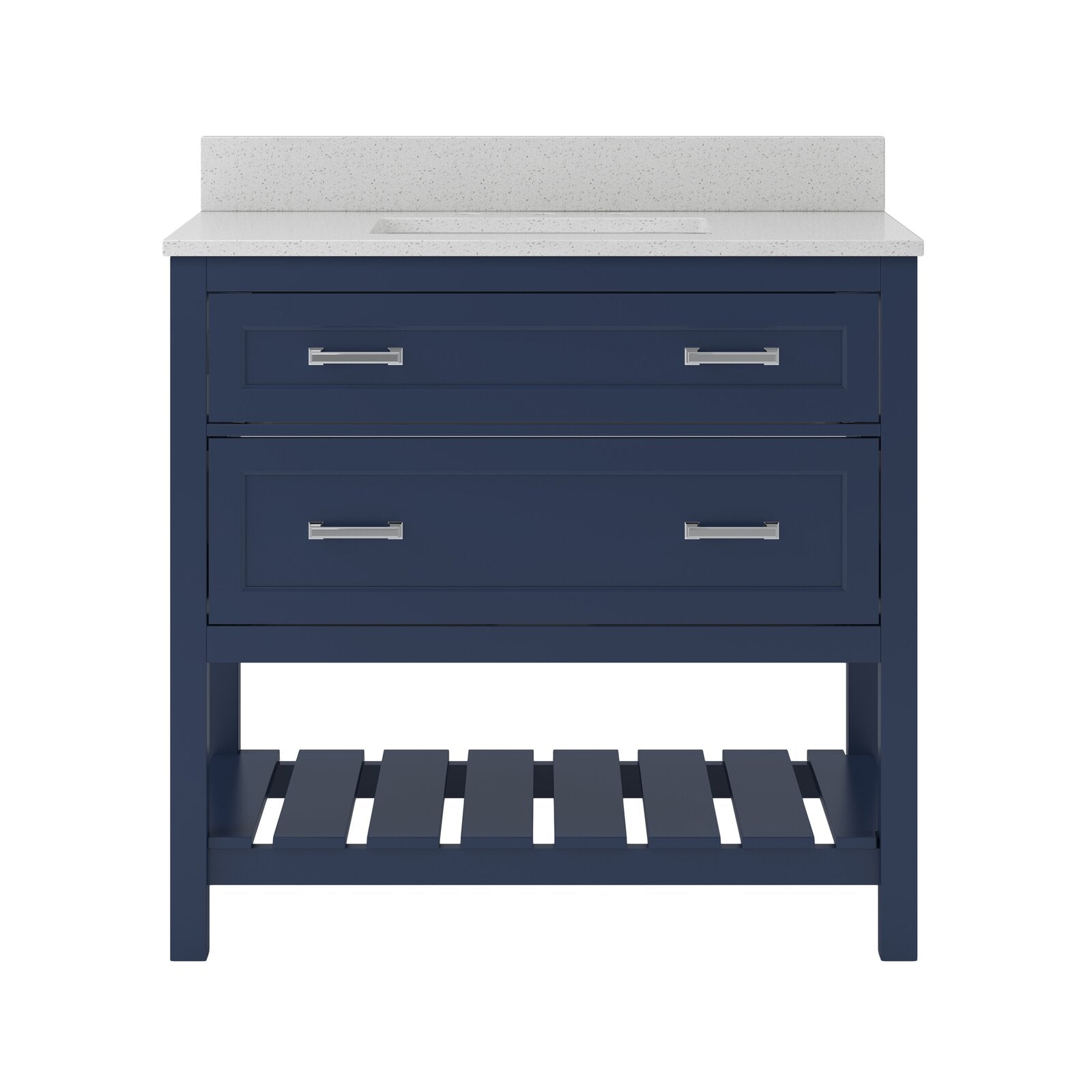 Freestanding glam bathroom vanity with a white marble countertop and backsplash, navy blue solid wood base, integrated single sink, two drawers with brushed-metal handles and a slatted lower storage shelf.