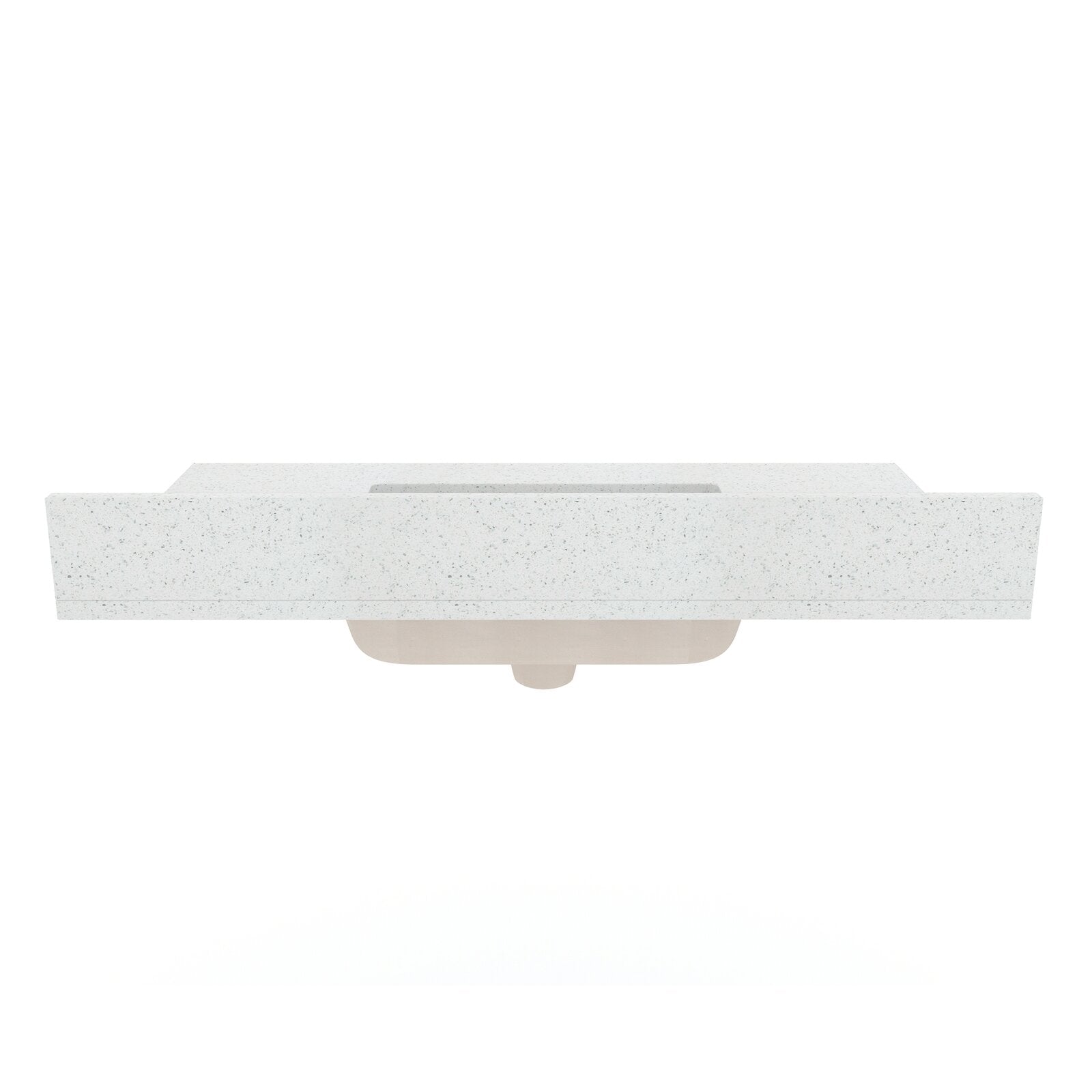 Front-facing top view of a white speckled marble vanity top with an integrated rectangular sink basin and the beige underside of the bowl visible beneath, designed for a single-sink glam bathroom.