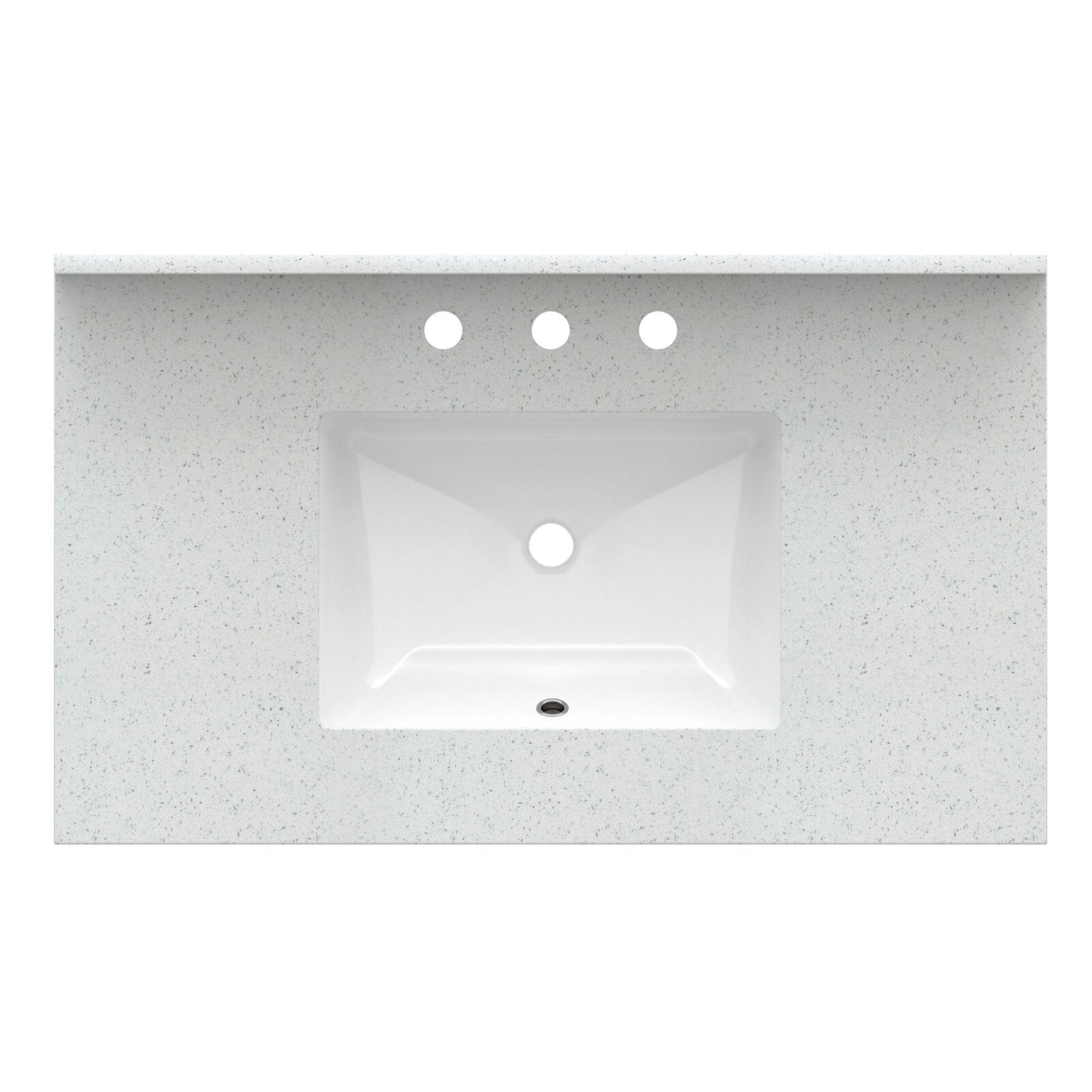 Top-down view of a white speckled marble vanity top with an inset rectangular white ceramic sink, center drain and three predrilled faucet holes.