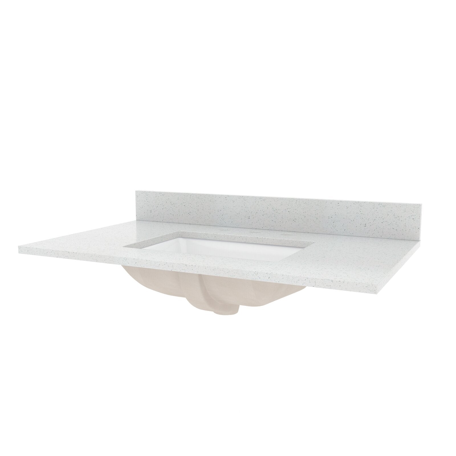 White speckled marble vanity countertop with a low matching backsplash and a centered rectangular undermount ceramic sink, showing the sink bowl underside against a plain white background.