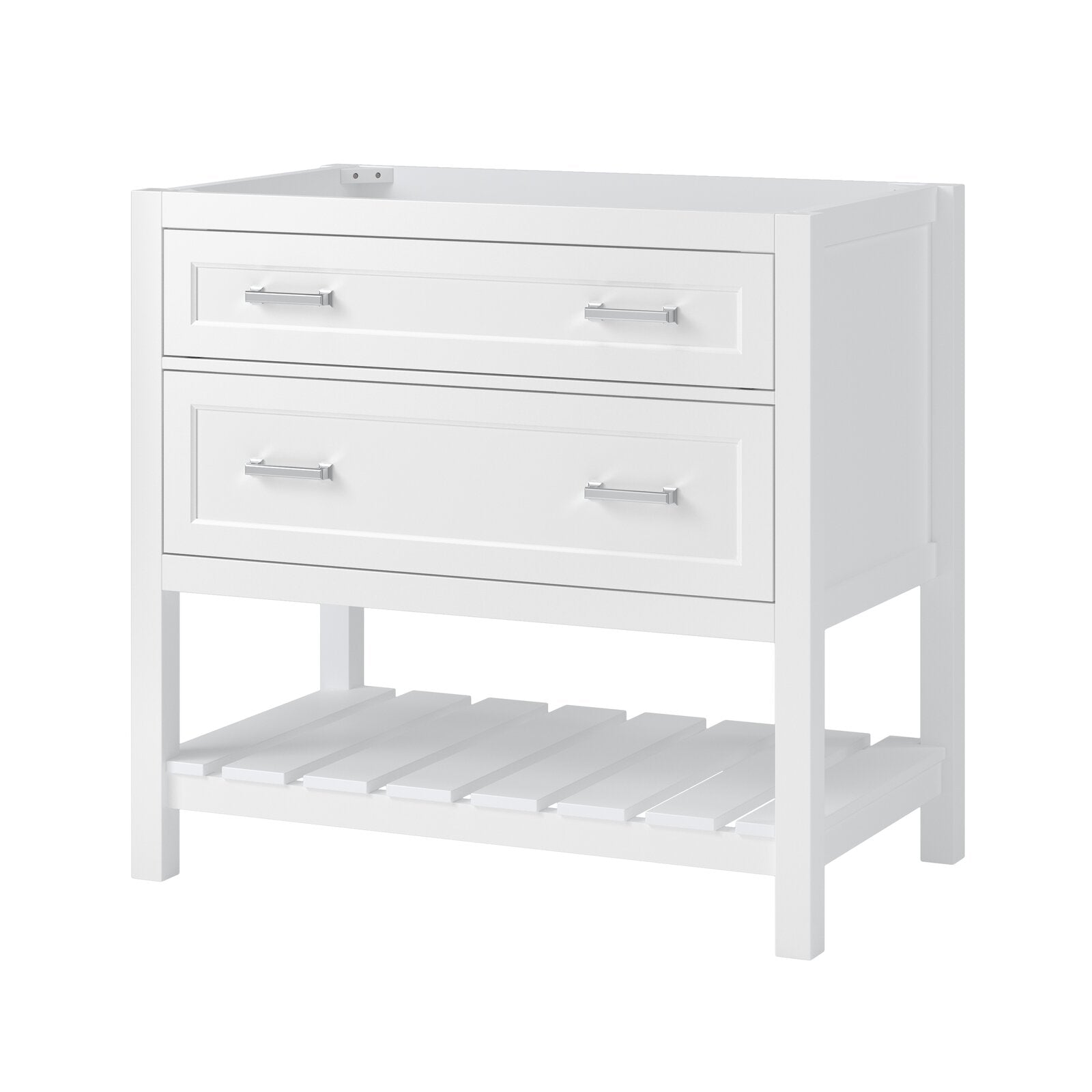 37-inch white solid wood freestanding bathroom vanity base in glam style with two front drawers, chrome bar handles, slatted open lower shelf and a top opening prepared for a single sink.