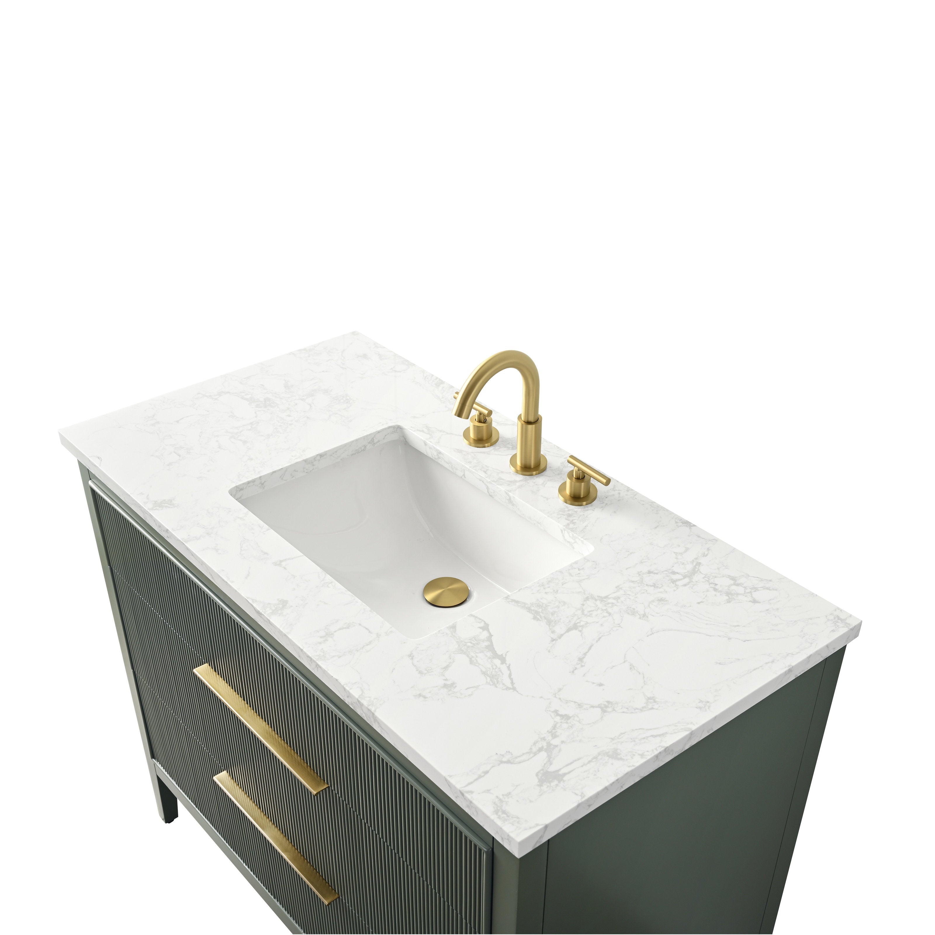 Top-down view of a modern 42-inch single bathroom vanity with white veined stone top, integrated ceramic rectangular sink, and brushed gold faucet and hardware on a green solid-wood fluted base.