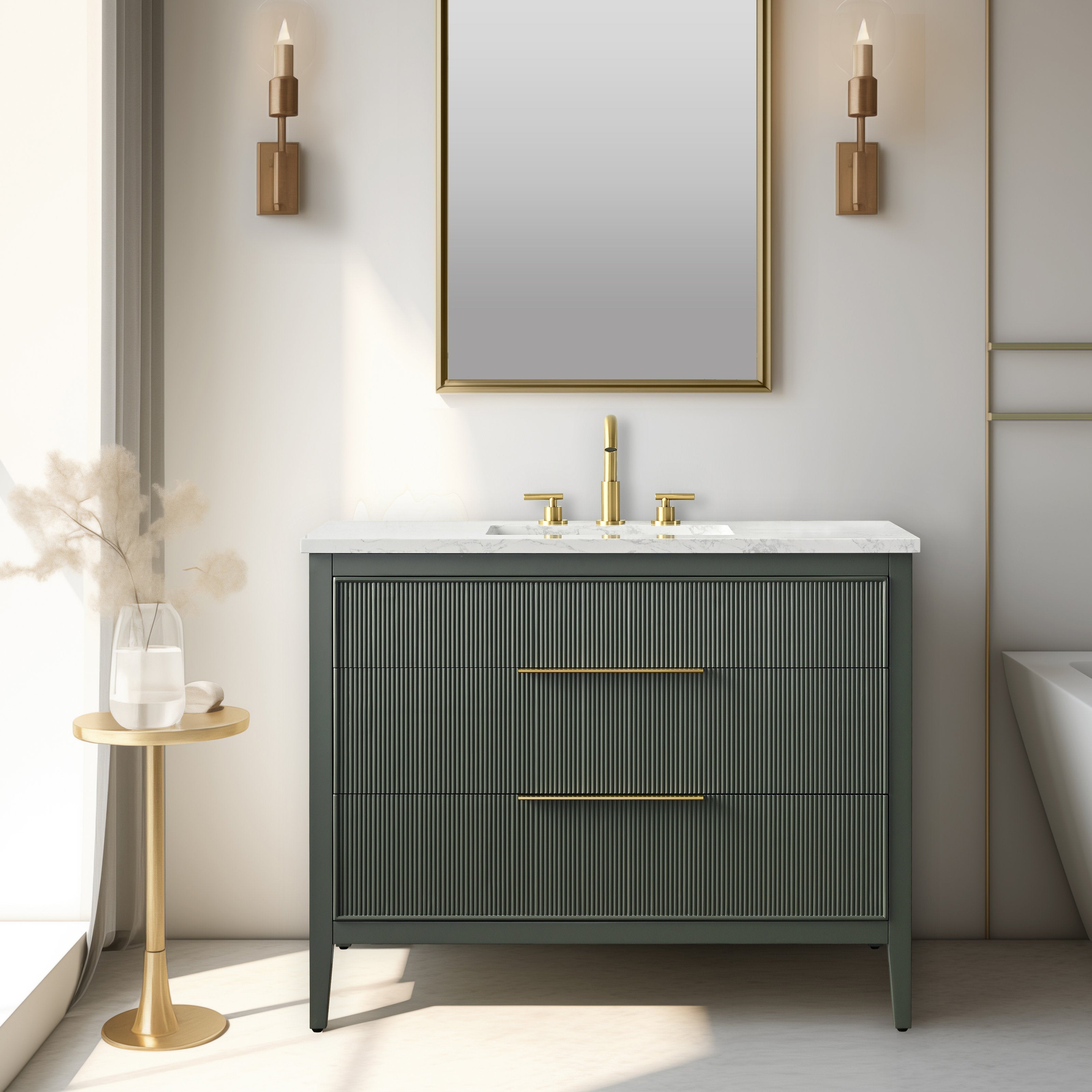 Modern 42-inch freestanding single-sink bathroom vanity with a white stone top, solid wood base in stone finish, fluted drawer fronts, two brass bar handles and matching gold faucet, shown with mirror and wall sconces.