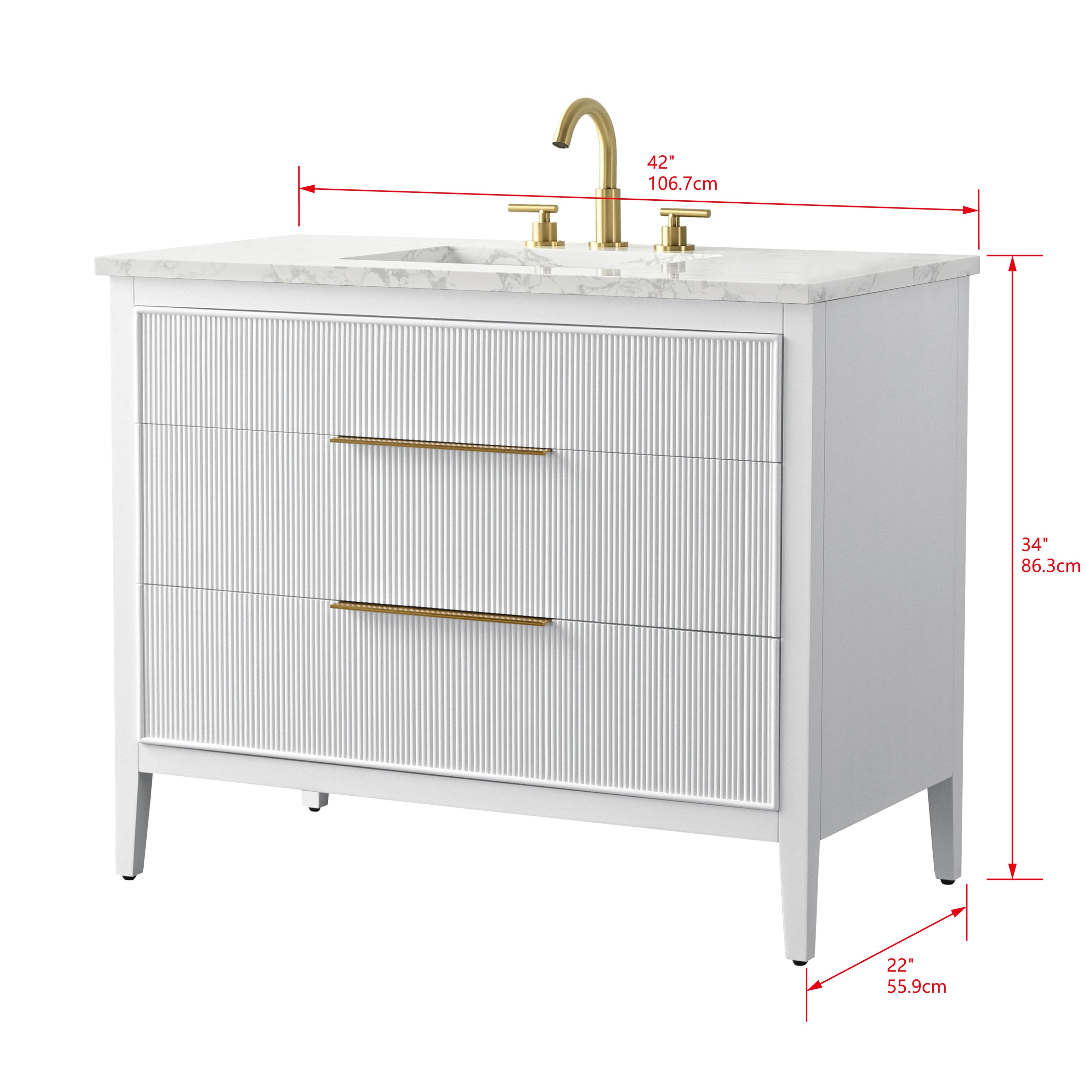 Freestanding 42-inch modern single-sink bathroom vanity in white solid wood with a stone marble-look top, fluted drawer fronts, gold bar handles and faucet, tapered legs — shown with dimensions.