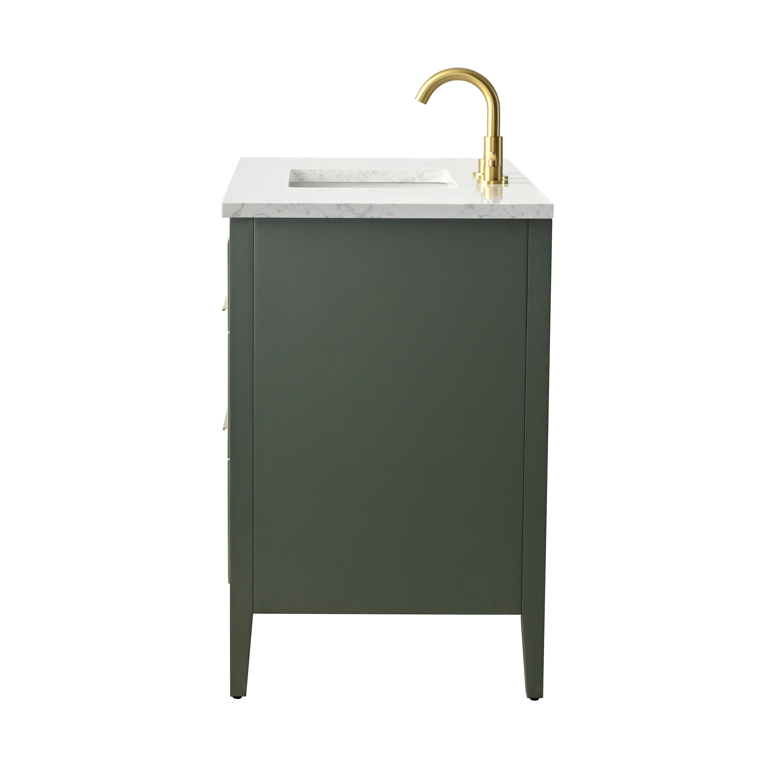 Side view of a single-sink bathroom vanity with a dark green solid wood cabinet, white stone countertop with integrated rectangular sink and a brass arched faucet.