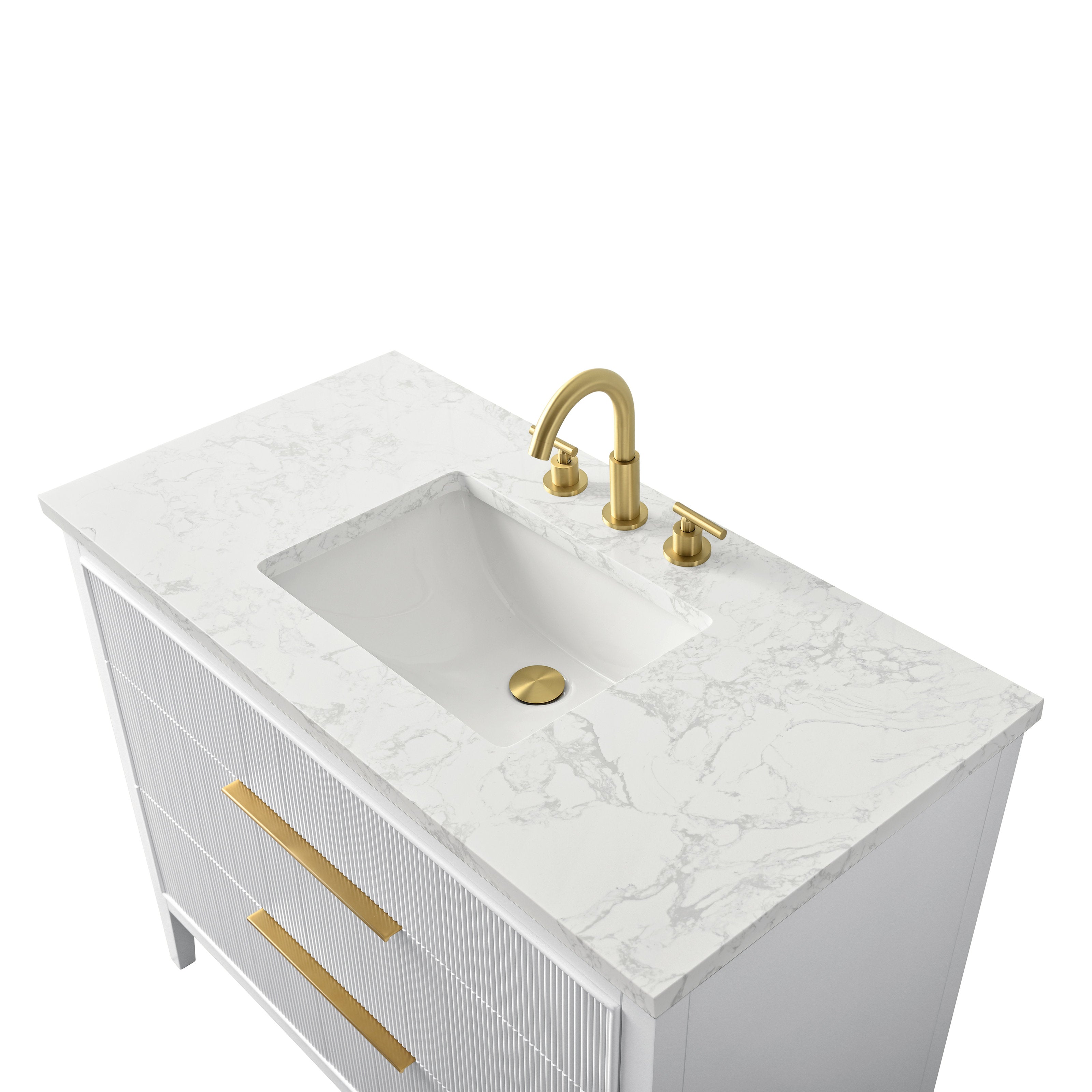 Contemporary white wooden bathroom vanity with a stone-look marble countertop, integrated rectangular ceramic sink, and brushed gold faucet, drain and long gold drawer pulls on a freestanding single-sink vanity.