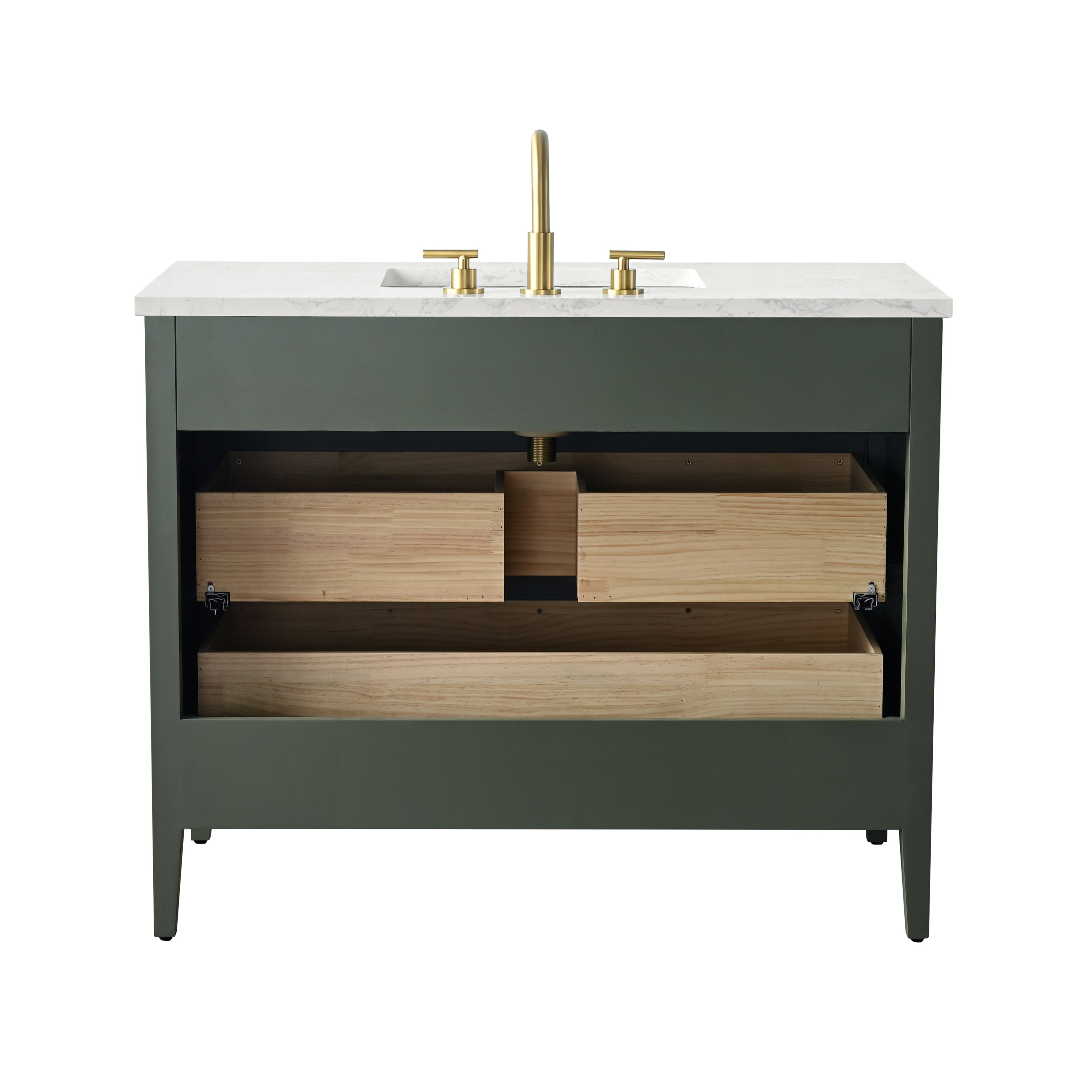 42-inch modern single-sink bathroom vanity with white stone top and brass faucet, stone-colored solid wood base showing natural wood drawers and a center plumbing cutout.
