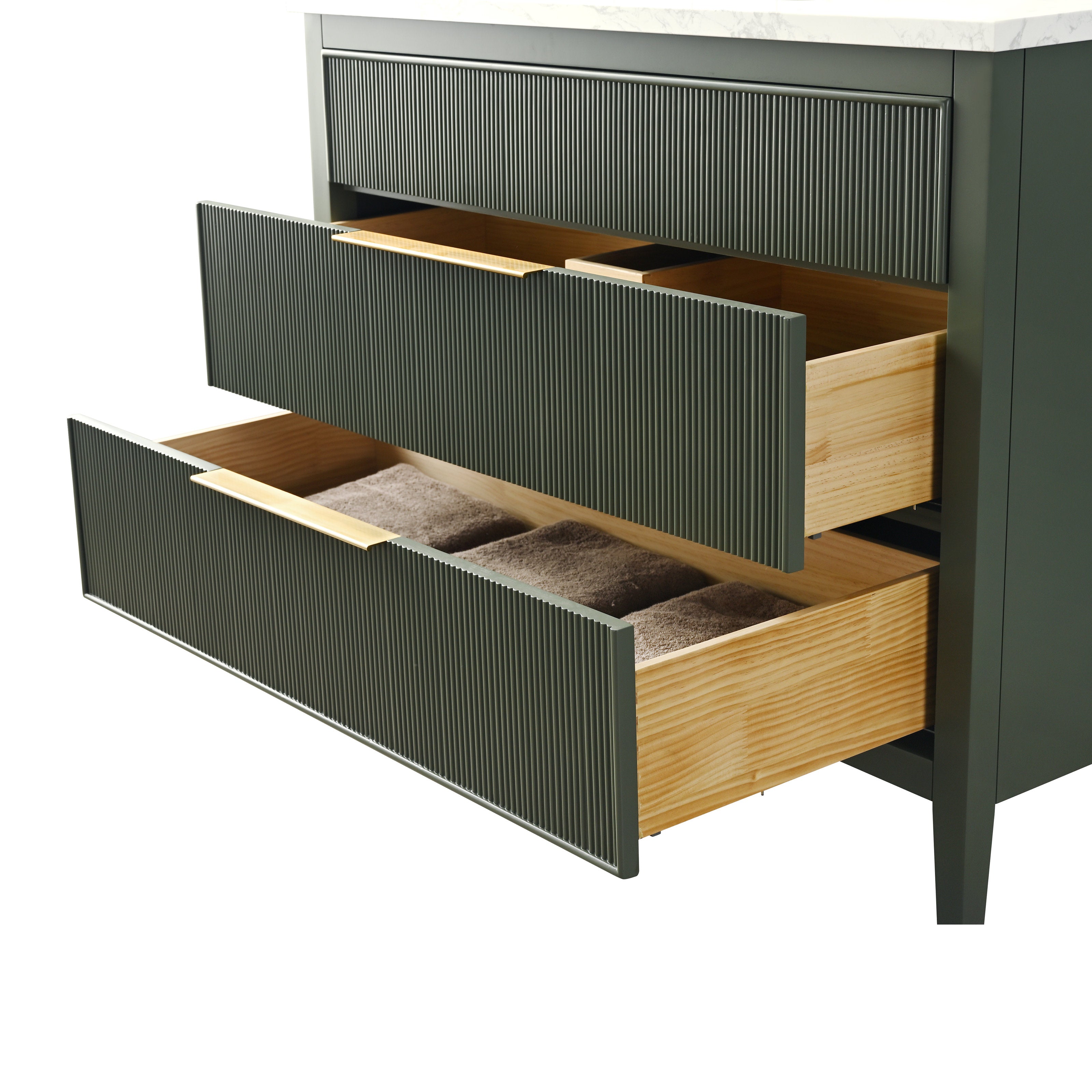 Modern single-sink bathroom vanity with a stone top and stone-colored ribbed front, two open drawers showing natural solid wood interiors and neatly folded brown towels.