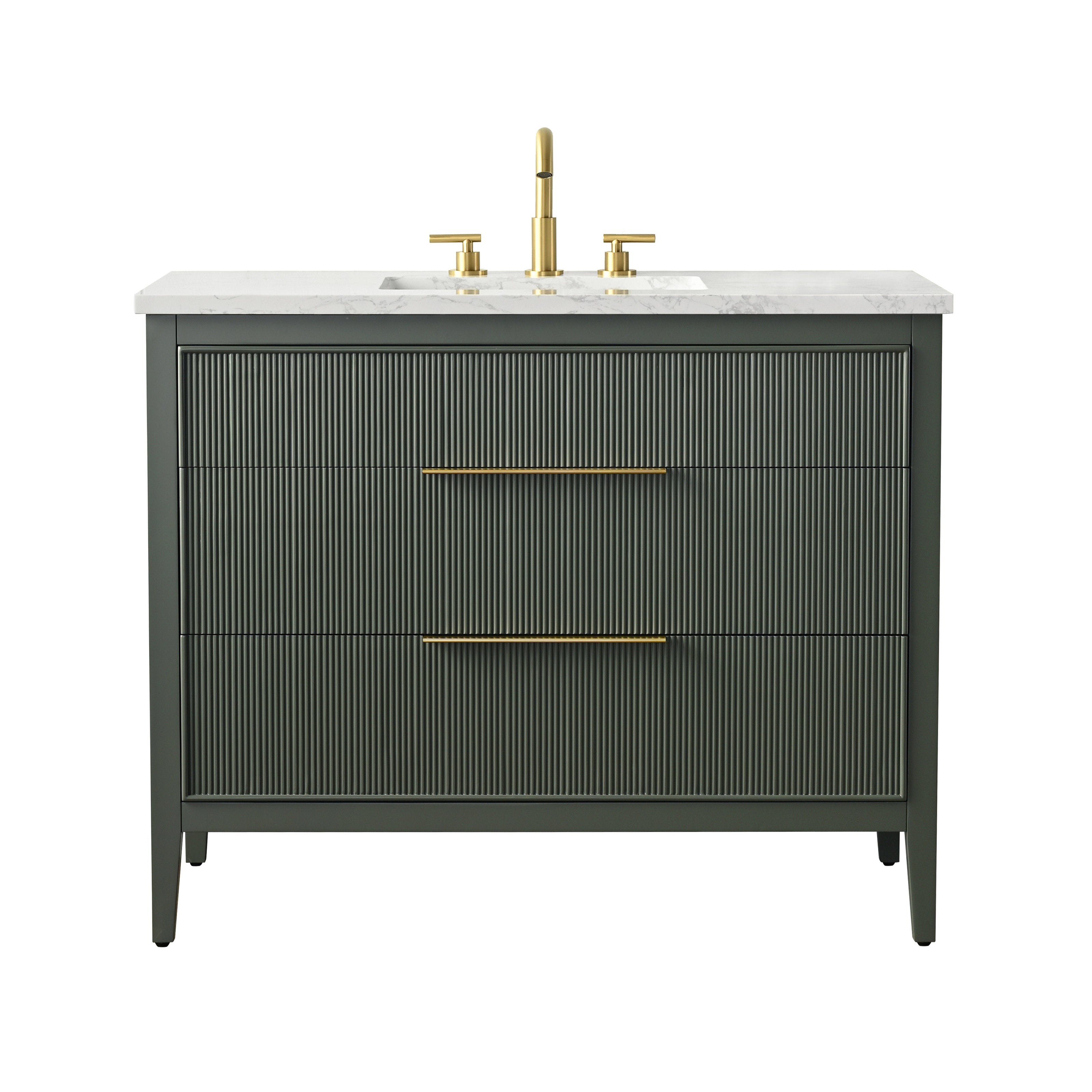 Modern 42-inch single-sink freestanding bathroom vanity in stone-colored solid wood with ribbed drawer fronts, white stone countertop and undermount ceramic sink, paired with brushed brass faucet and slim brass drawer pulls.