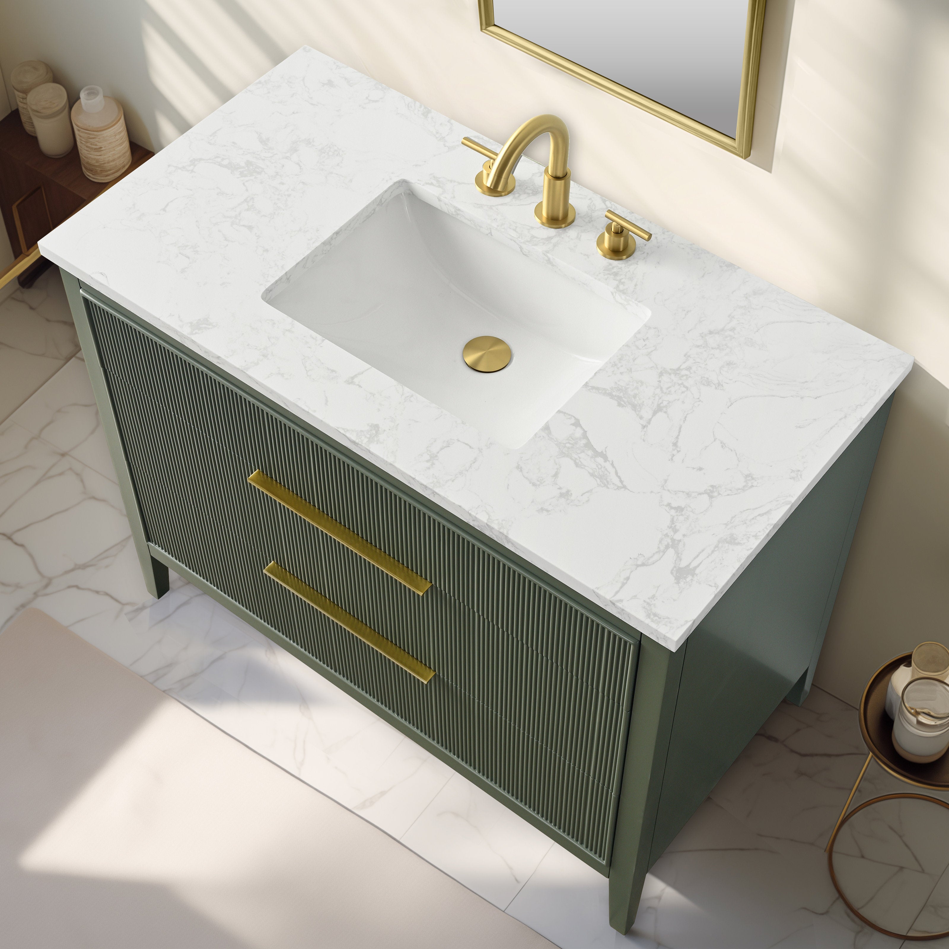 Top-down view of a modern 42-inch freestanding solid wood bathroom vanity with a white stone marble-look top, integrated rectangular ceramic sink, fluted green wood drawer fronts, and brushed gold faucet with long gold handles.