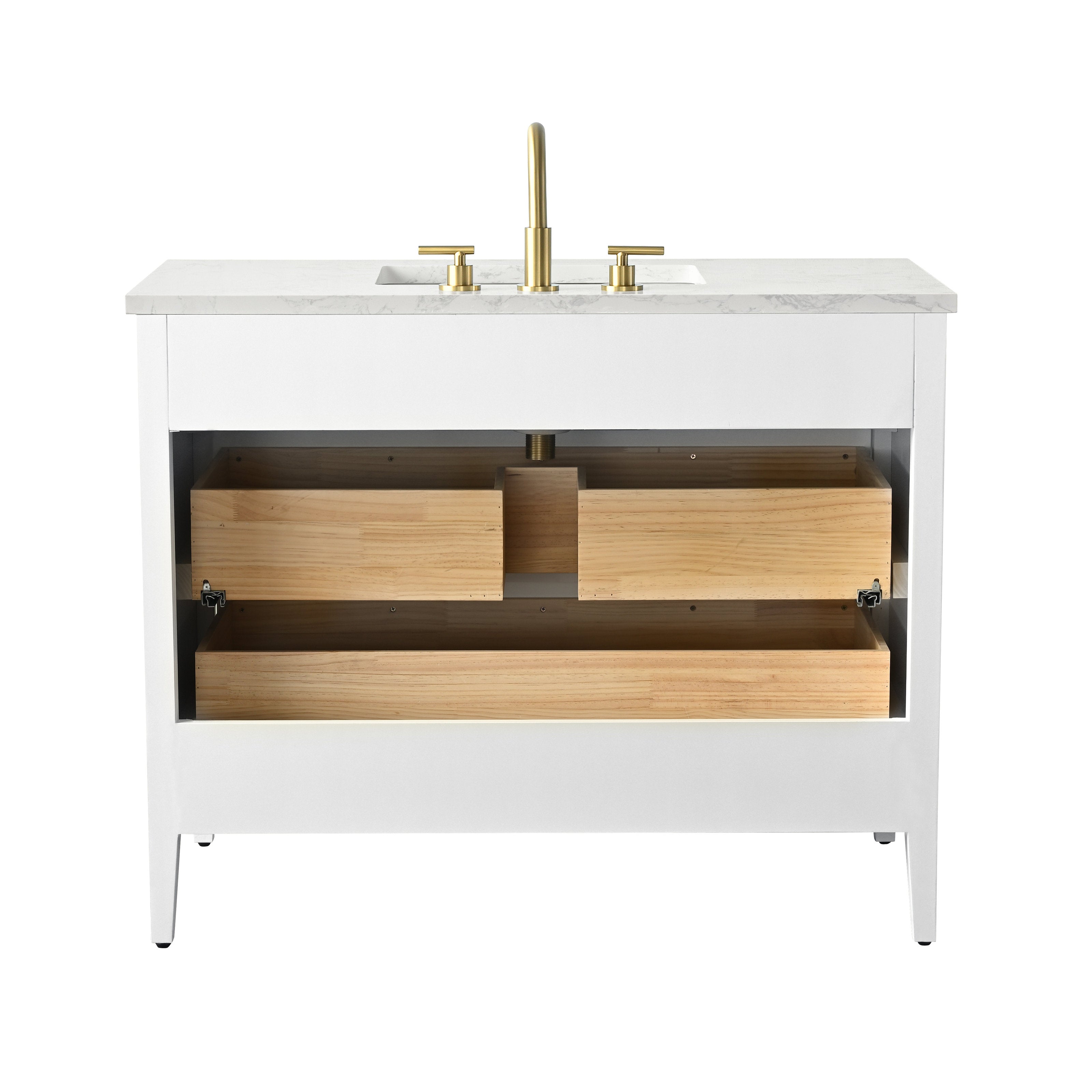 Front view of a modern single-sink bathroom vanity with a stone top and white wooden cabinet, brass faucet, and exposed natural wood drawer interiors shown open.