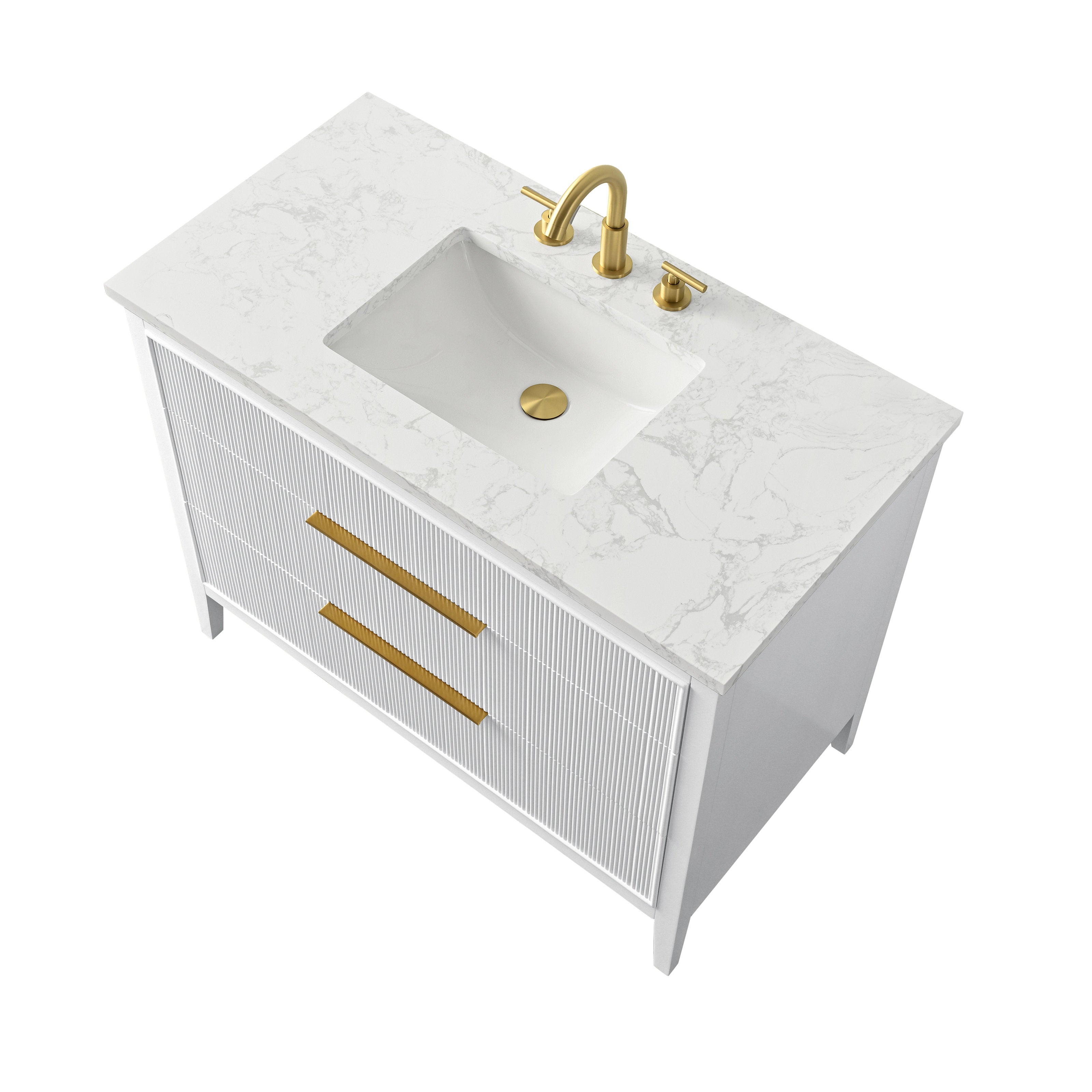 Angled top-down view of a modern 42-inch single-sink freestanding bathroom vanity with white stone (marble-effect) top, rectangular undermount ceramic sink, fluted white solid wood cabinet and brushed gold faucet and handles.