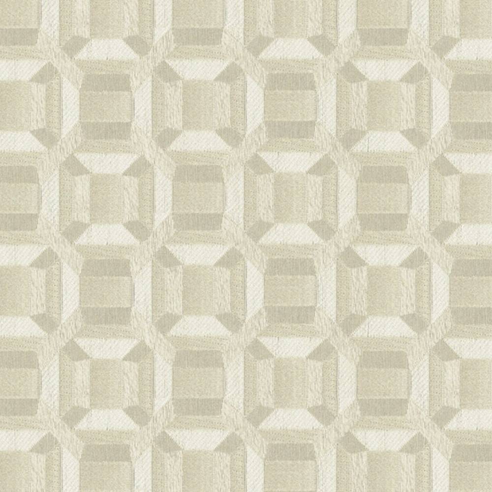 Close-up of beige and cream geometric upholstery fabric in 100% polyester, showing an interlocking octagon grid and subtle textured jacquard weave, designed for contemporary and modern sofas.