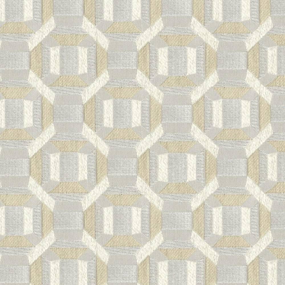 Close-up of a contemporary 100% polyester upholstery fabric in beige and cream with light grey accents, showing a textured jacquard geometric octagon-and-rectangle pattern with a 2.5" x 2.5" repeat for sofas.