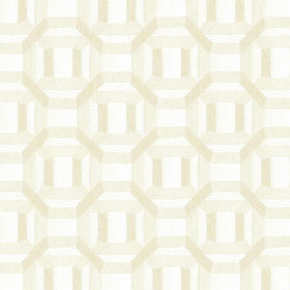 Close-up of cream and off-white contemporary upholstery fabric showing a subtle octagon lattice geometric pattern in textured 100% polyester, ideal for modern sofas and neutral interiors.