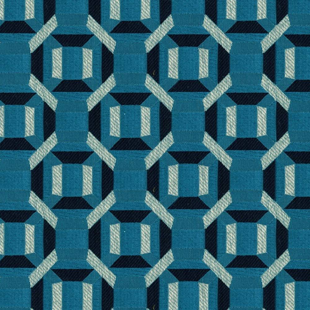 Close-up of woven 100% polyester upholstery fabric in teal and navy with a repeating geometric octagon-and-square motif and light aqua chevron accents, a contemporary modern pattern for sofas.