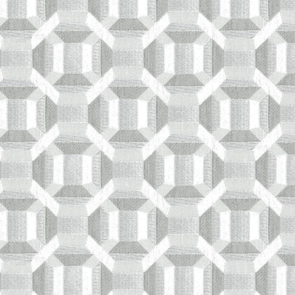 Close-up of a contemporary 100% polyester upholstery fabric in neutral cream and white tones, showing a repeating geometric octagon-and-square jacquard pattern suitable for modern sofas.