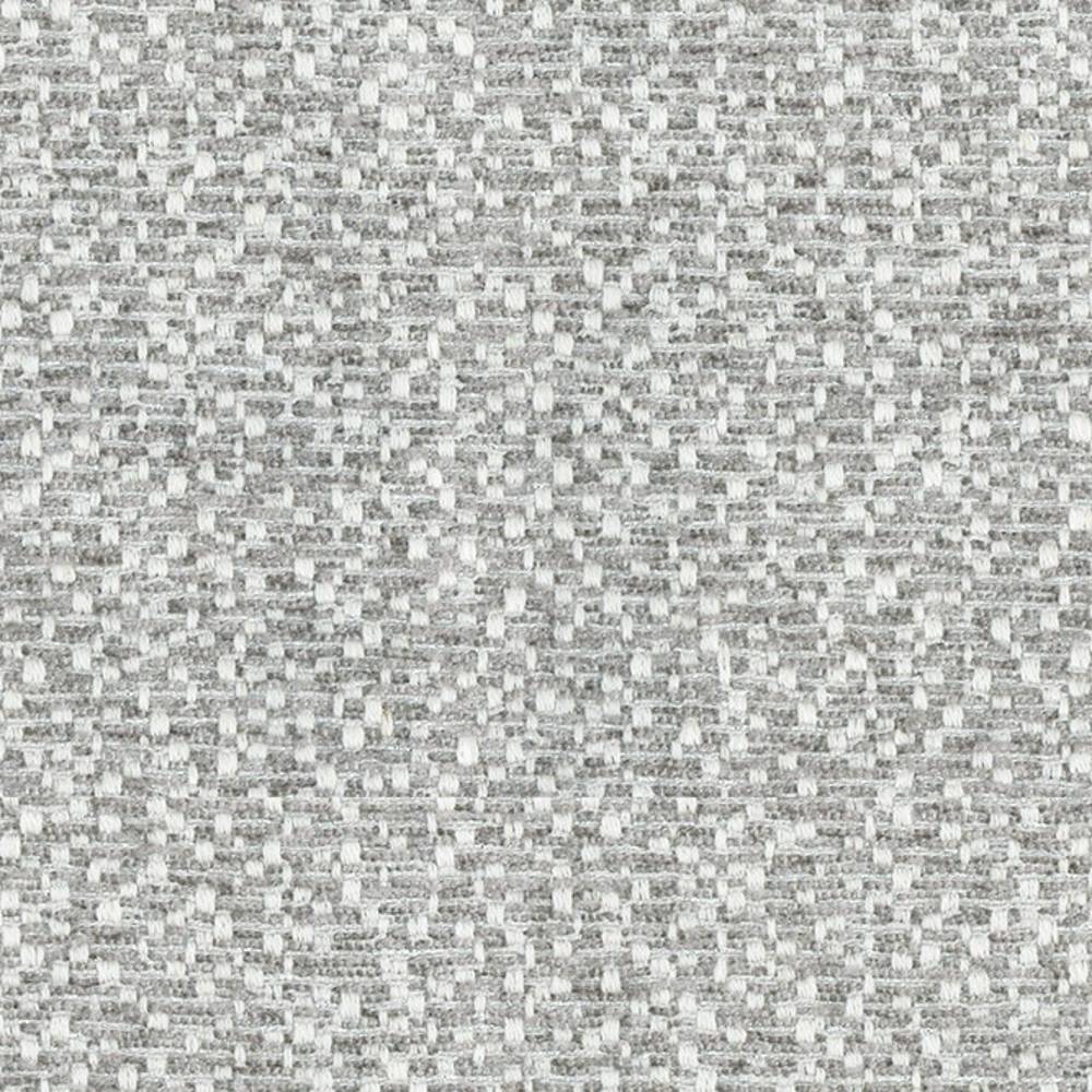 Close-up of a neutral light gray and white woven upholstery fabric swatch in a 70% polyester, 5% linen, 25% viscose blend showing a subtle textured basketweave pattern.