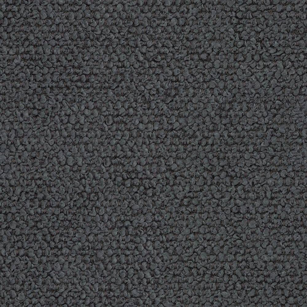 Close-up of charcoal boucle upholstery fabric in 100% polyester, showing dense looped texture and pebble-like surface suitable for sofas and indoor neutral decor.