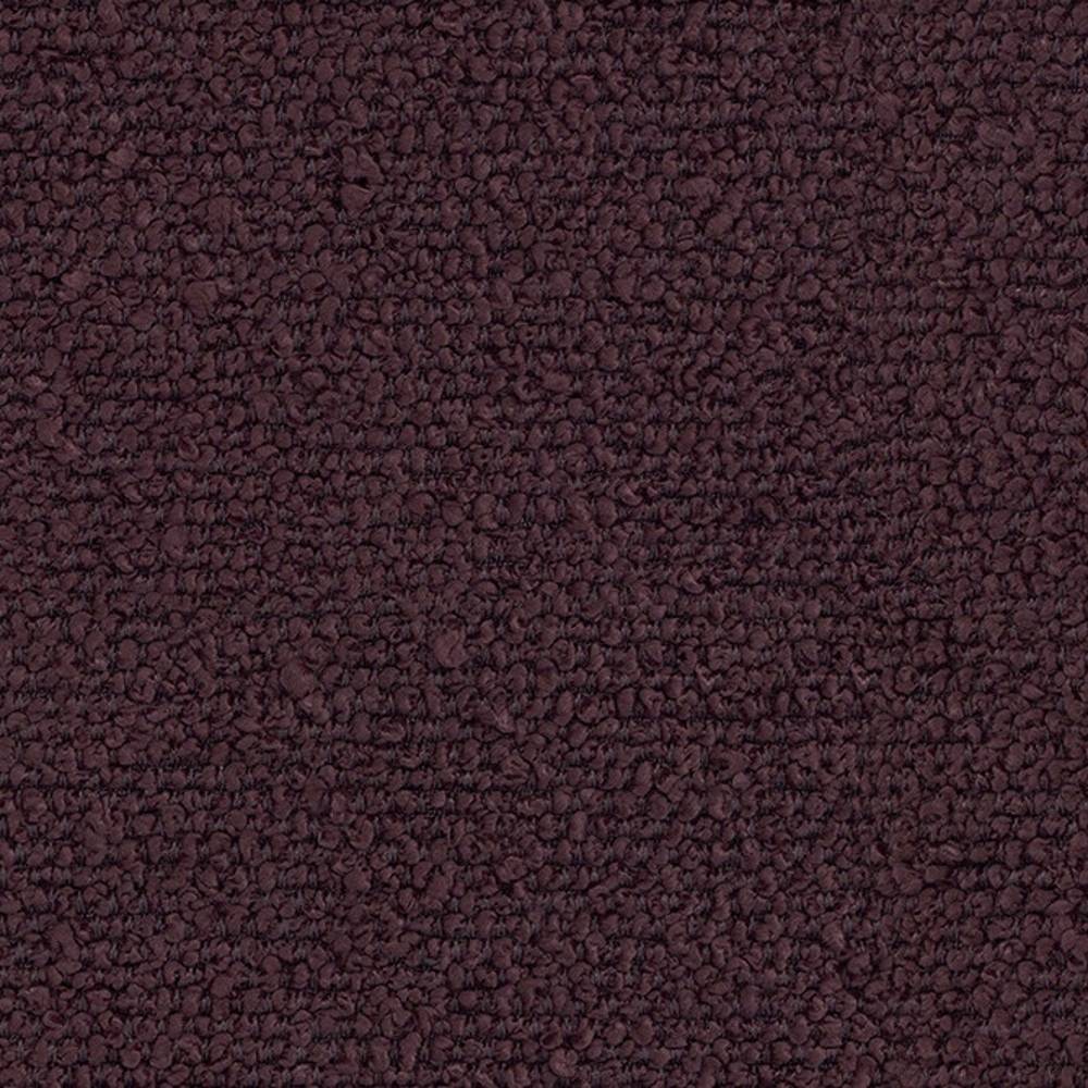 Close-up of dark plum 100% polyester bouclé upholstery fabric showing dense looped texture, ideal for sofas and indoor upholstery.